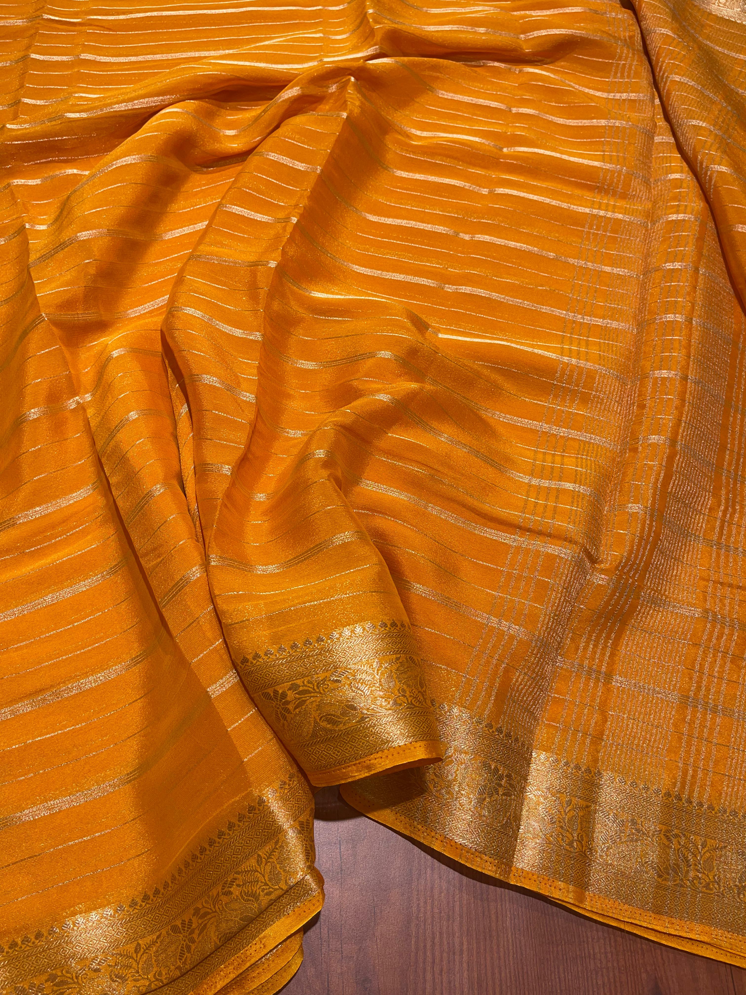 Anika's banarasi Chiffon silk saree -dark yellow