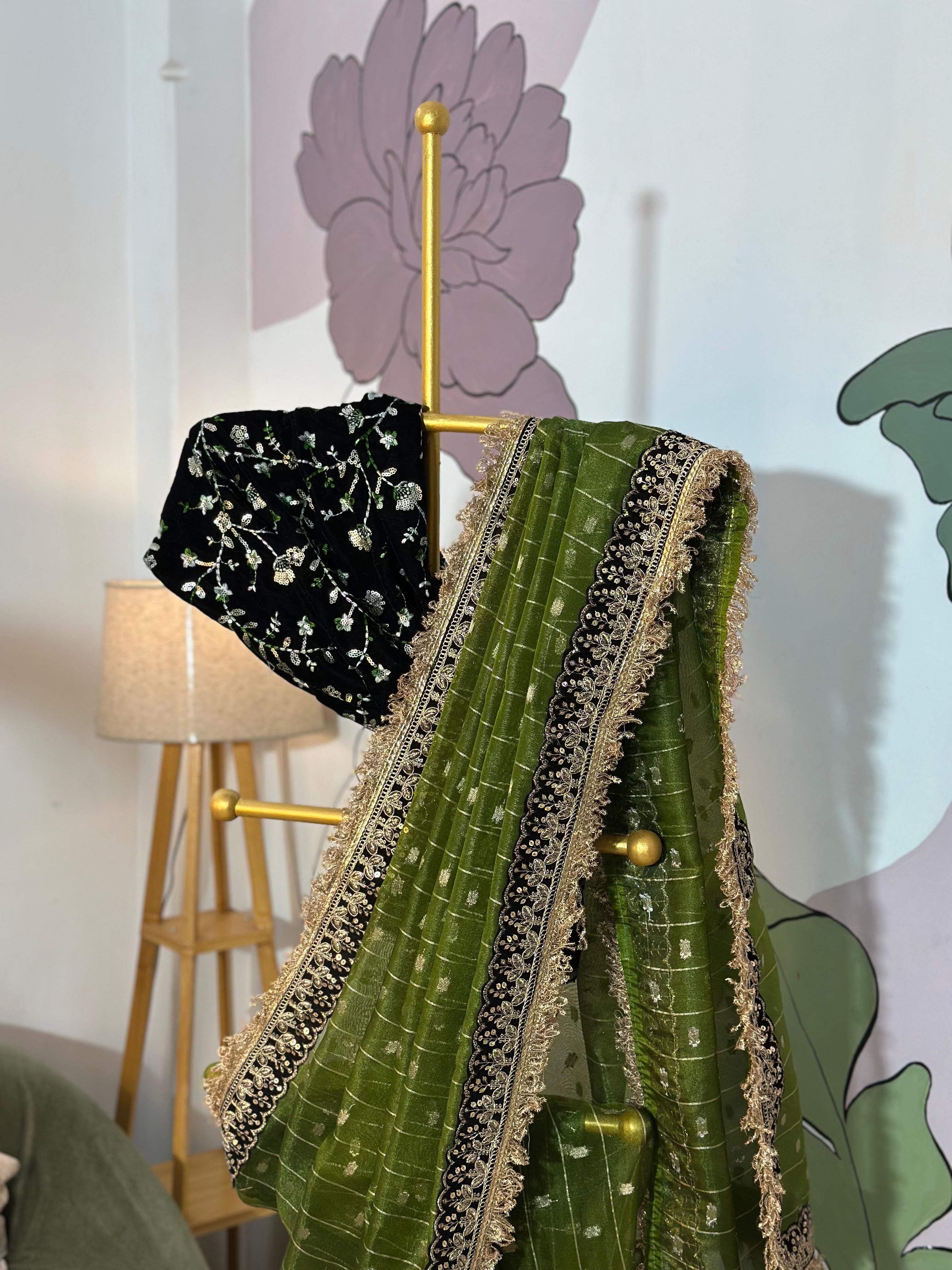 TISSUE LUXE  CHECKS SAREE -Green