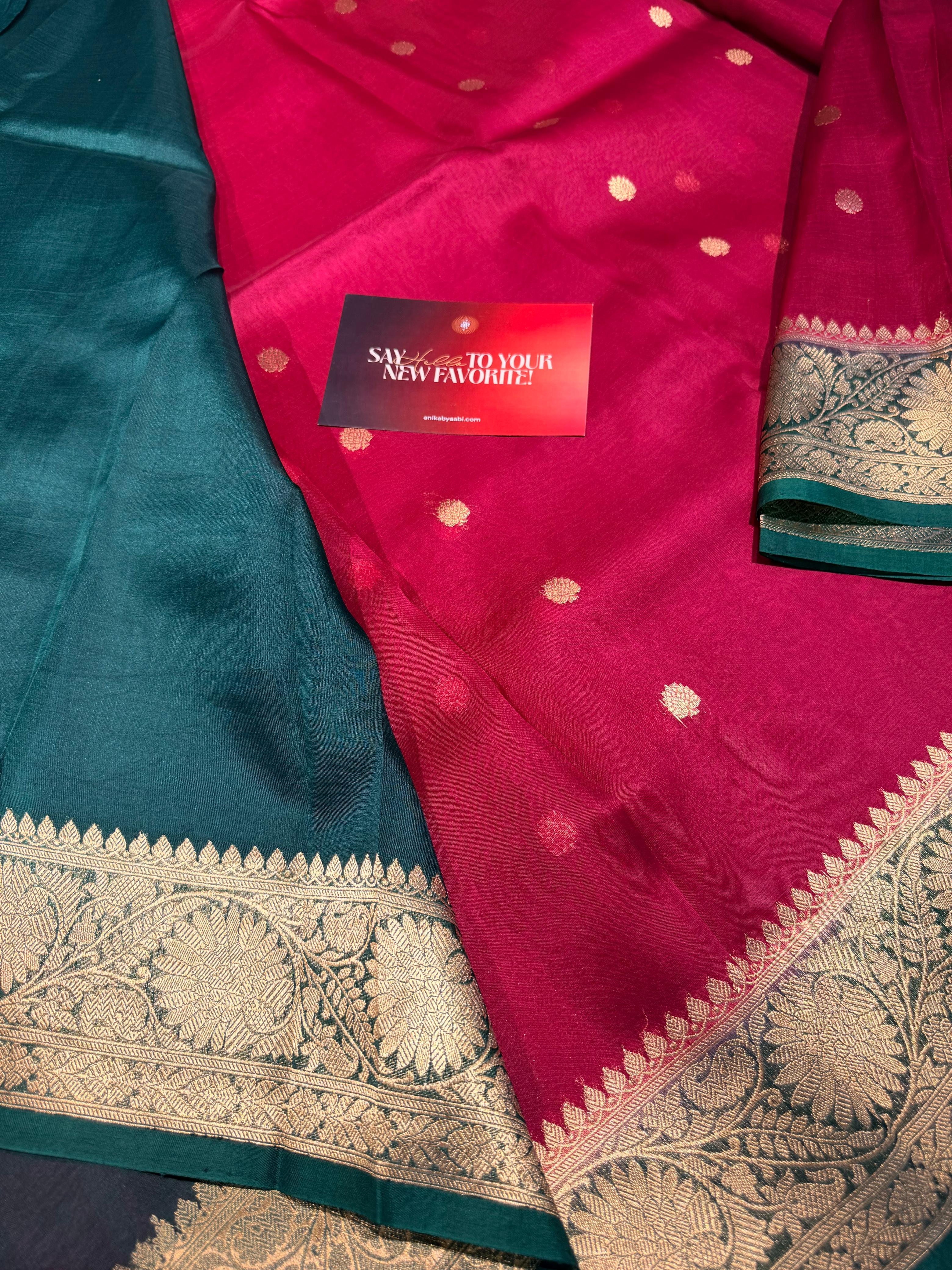 Pure Banarasi Kora Organza Saree – Rani pink-Peacock Green - BKO-703