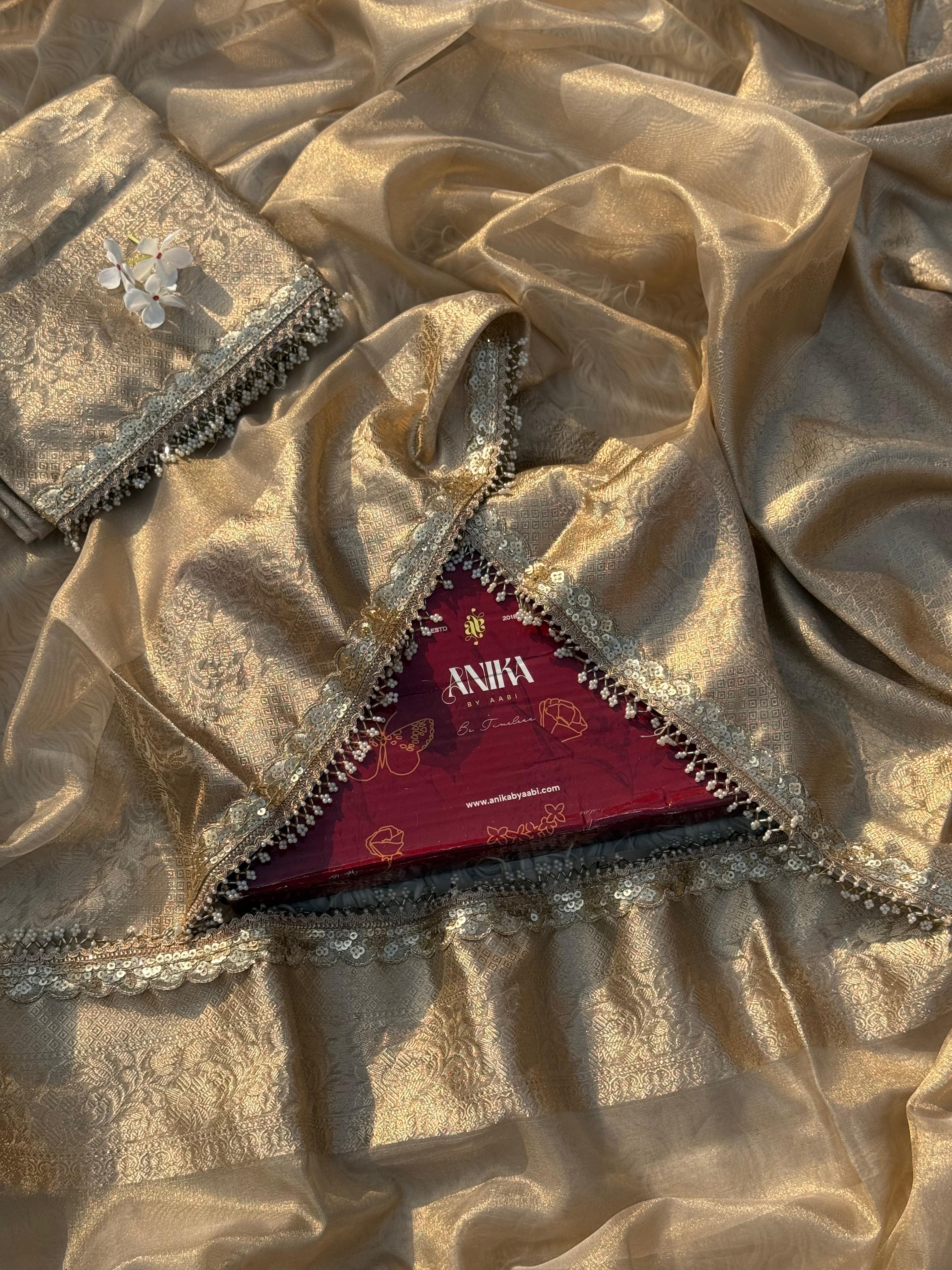 Anika's Banarasi Gold Tissue saree with Lace work - Golden Glow