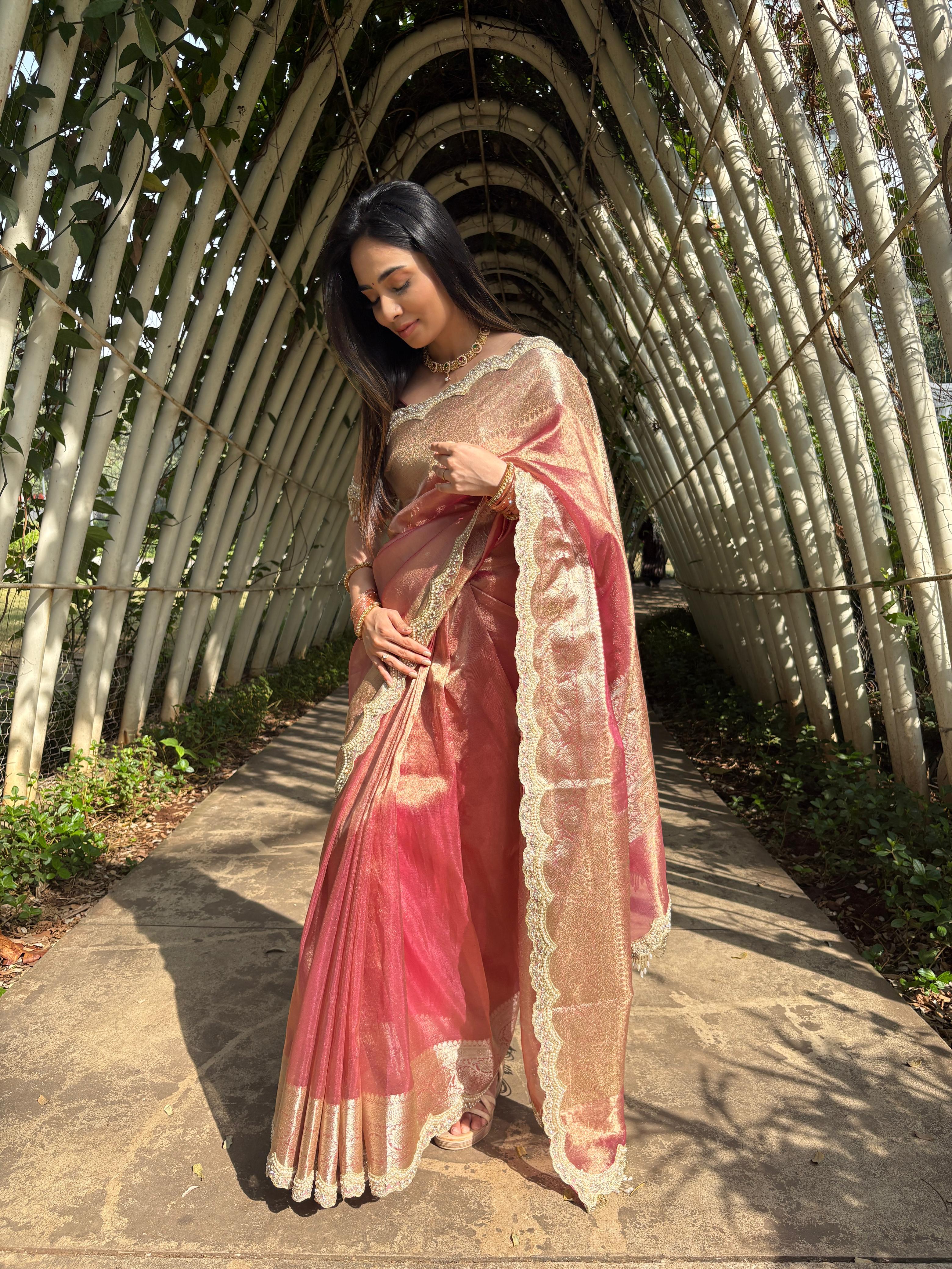 Anika's Exclusive Rosegold pink Tissue silk saree -RAGHA