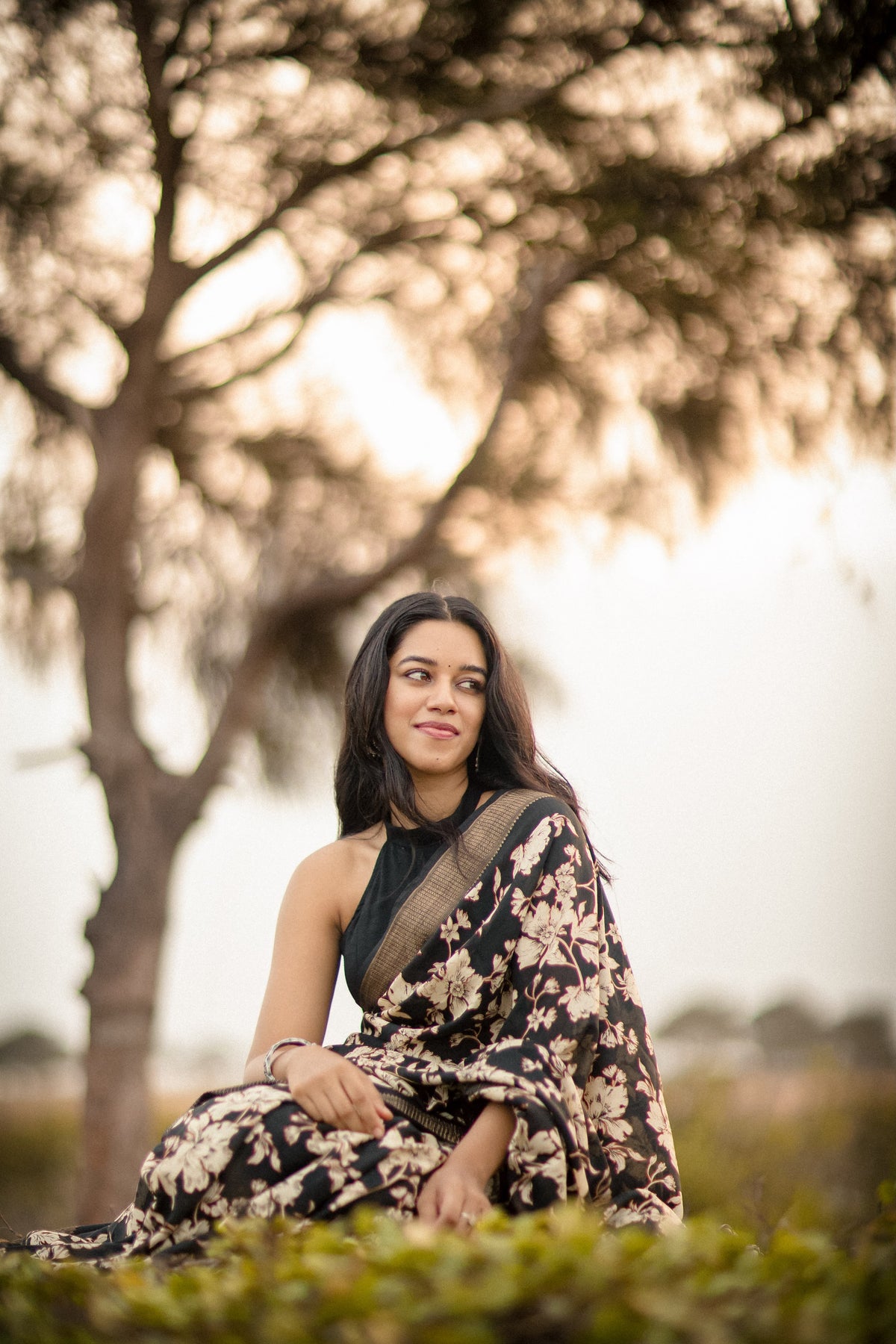 Black-White Floral Print Semi Dola Saree - Jess Black