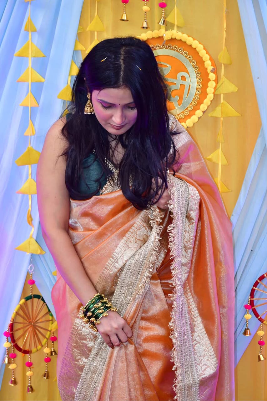 Orange Tissue Silk Saree With Lace - Tissue Luxe