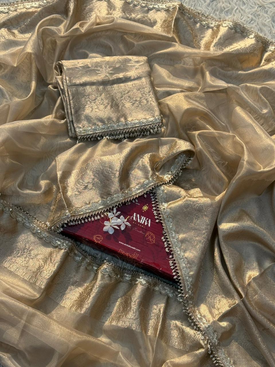 Anika's Banarasi Gold Tissue saree with Lace work - Golden Glow