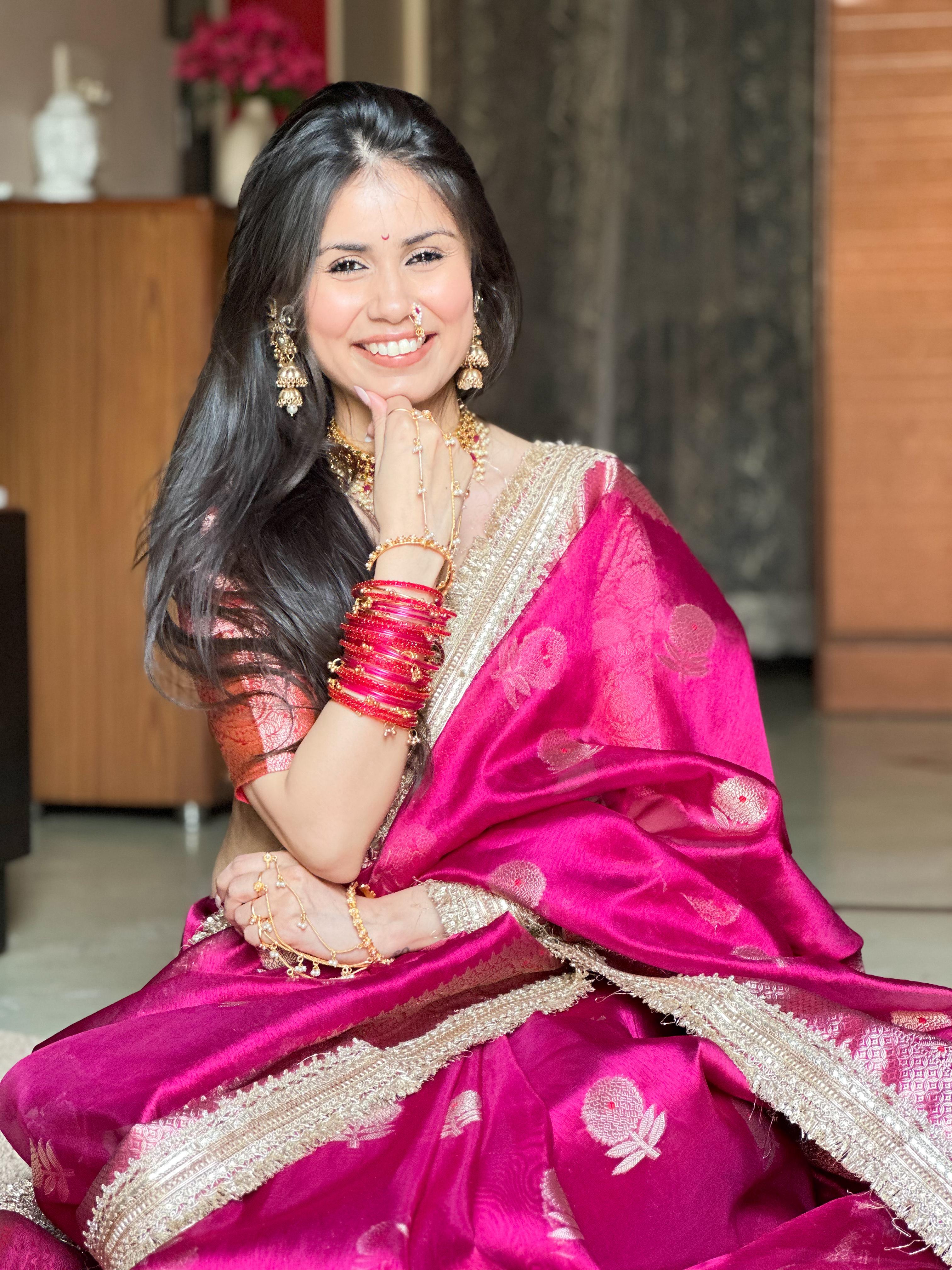 Dark Pink Tissue Motif Lace Saree-TLM03