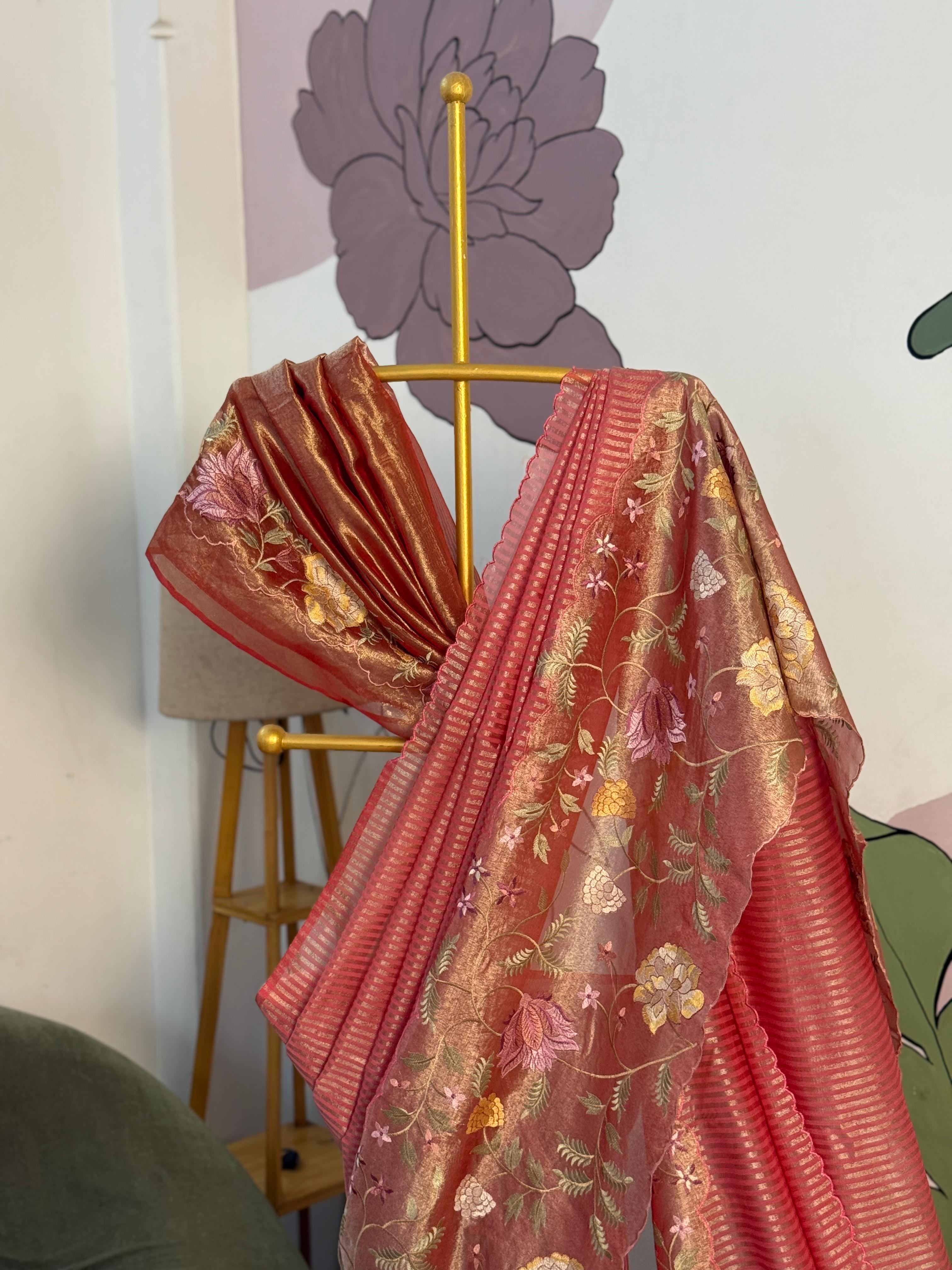 Tissue Cutwork Floral Border Saree- AC02