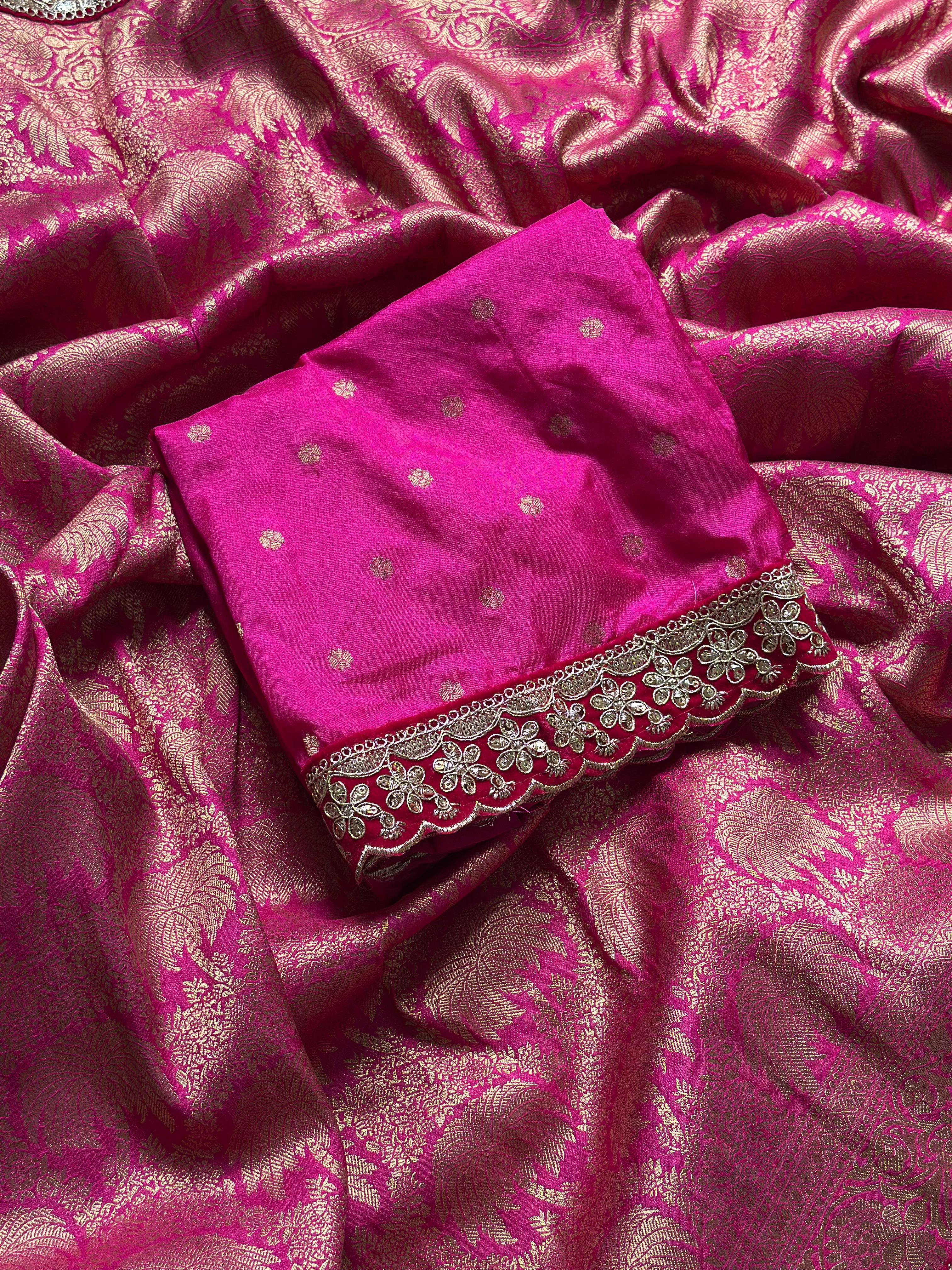 BANARASI BROCADE SILK SAREE WITH LACE - RANIPINK