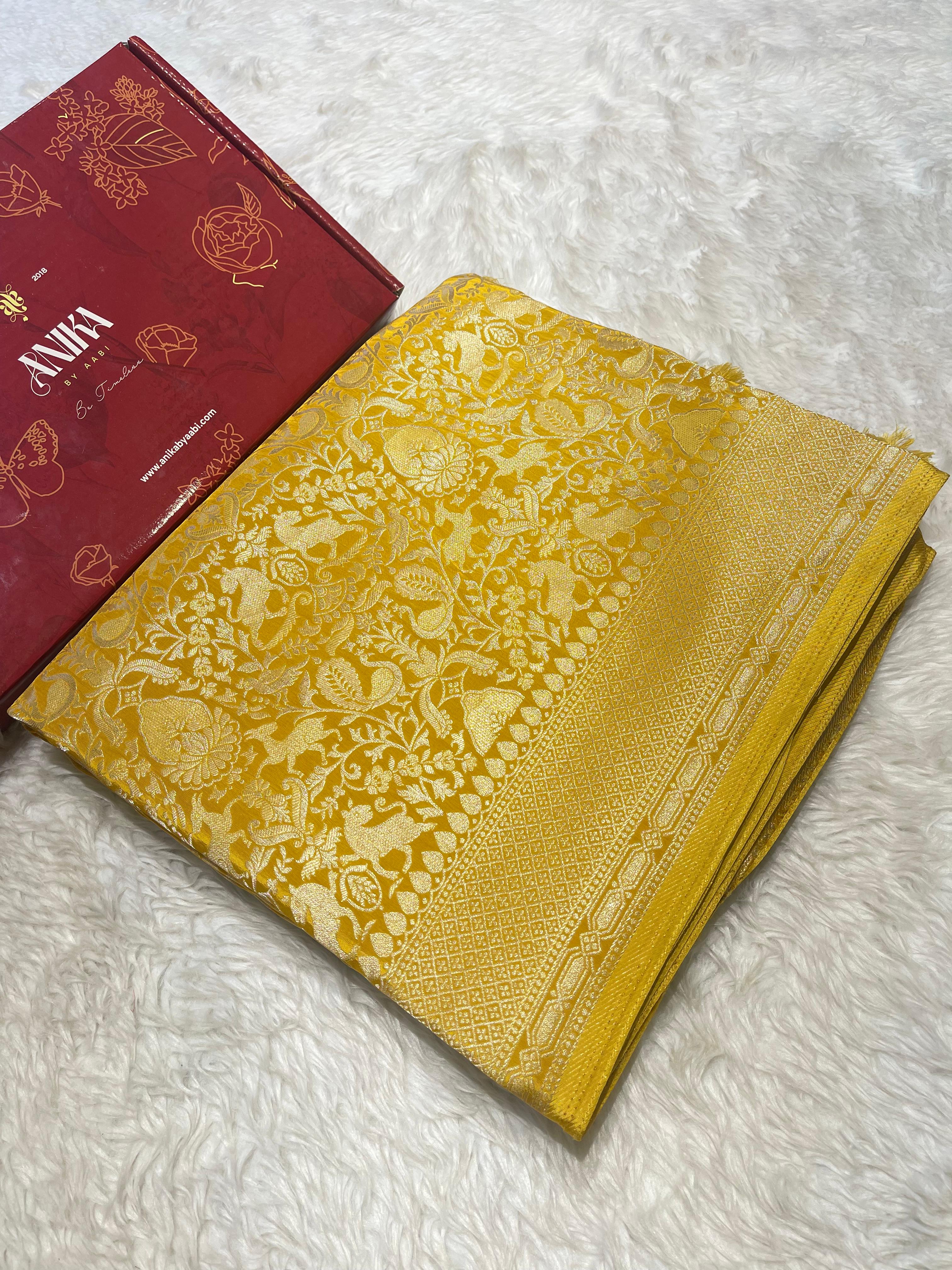 Yellow Banarasi Chinon Soft Silk Saree- Full Zari Butta SA01