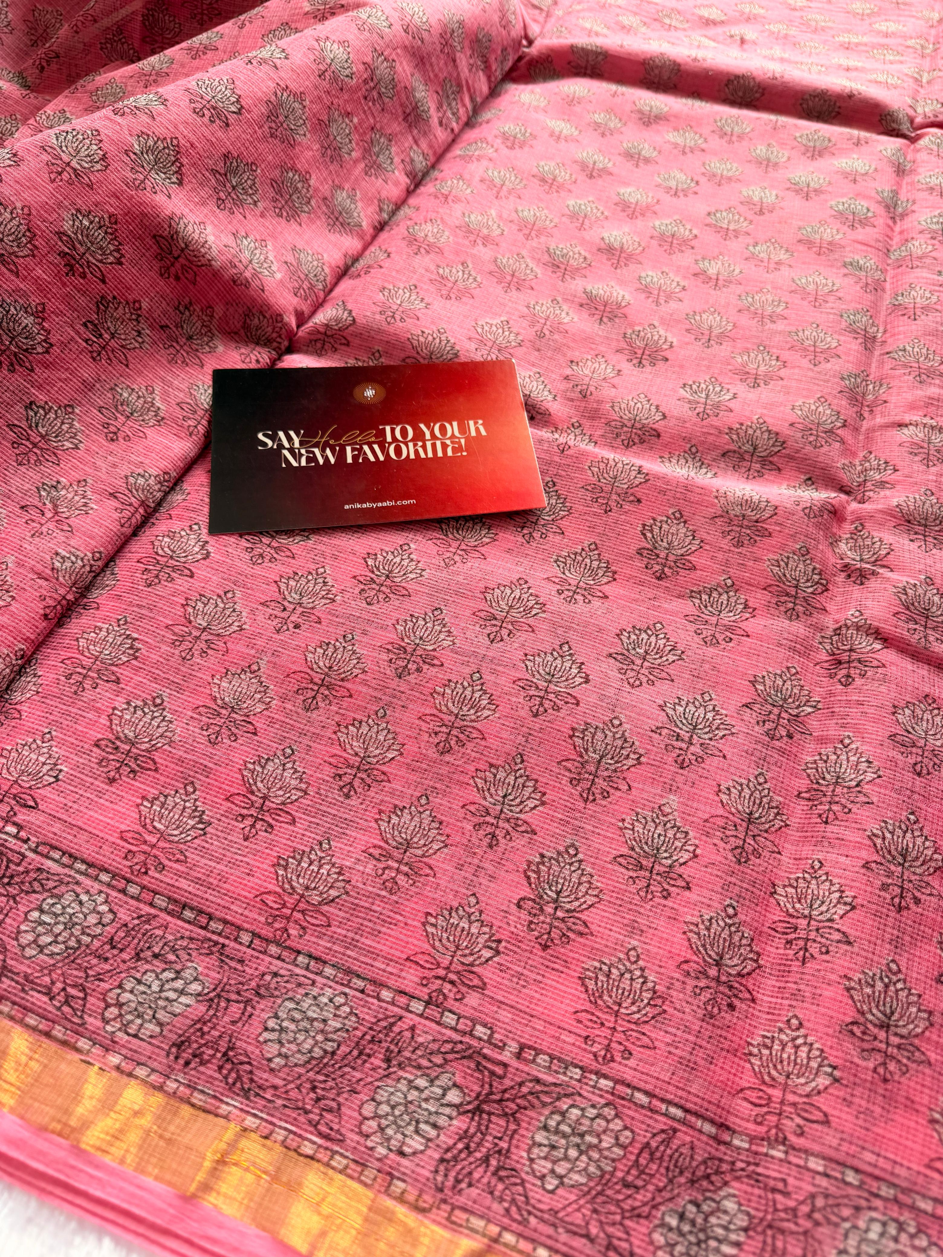 Pure Kota Cotton Handblock Print Saree – Pink Lotus Bloom