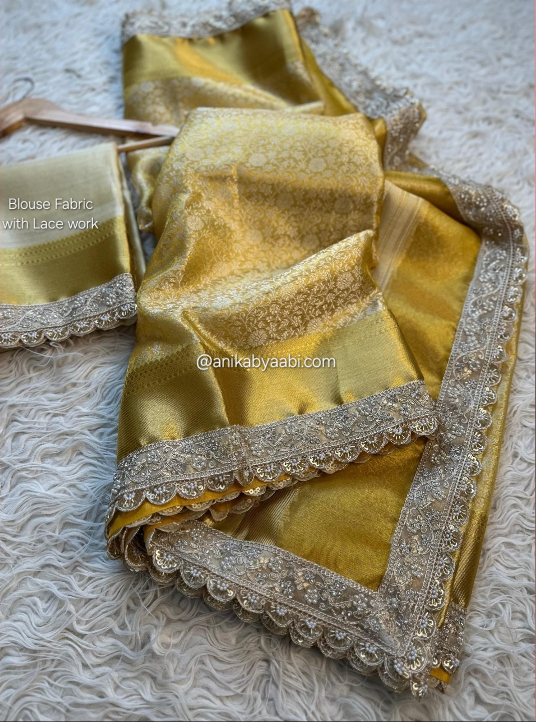 Tissue luxe - Banarasi Brocade silk saree in golden yellow with lace
