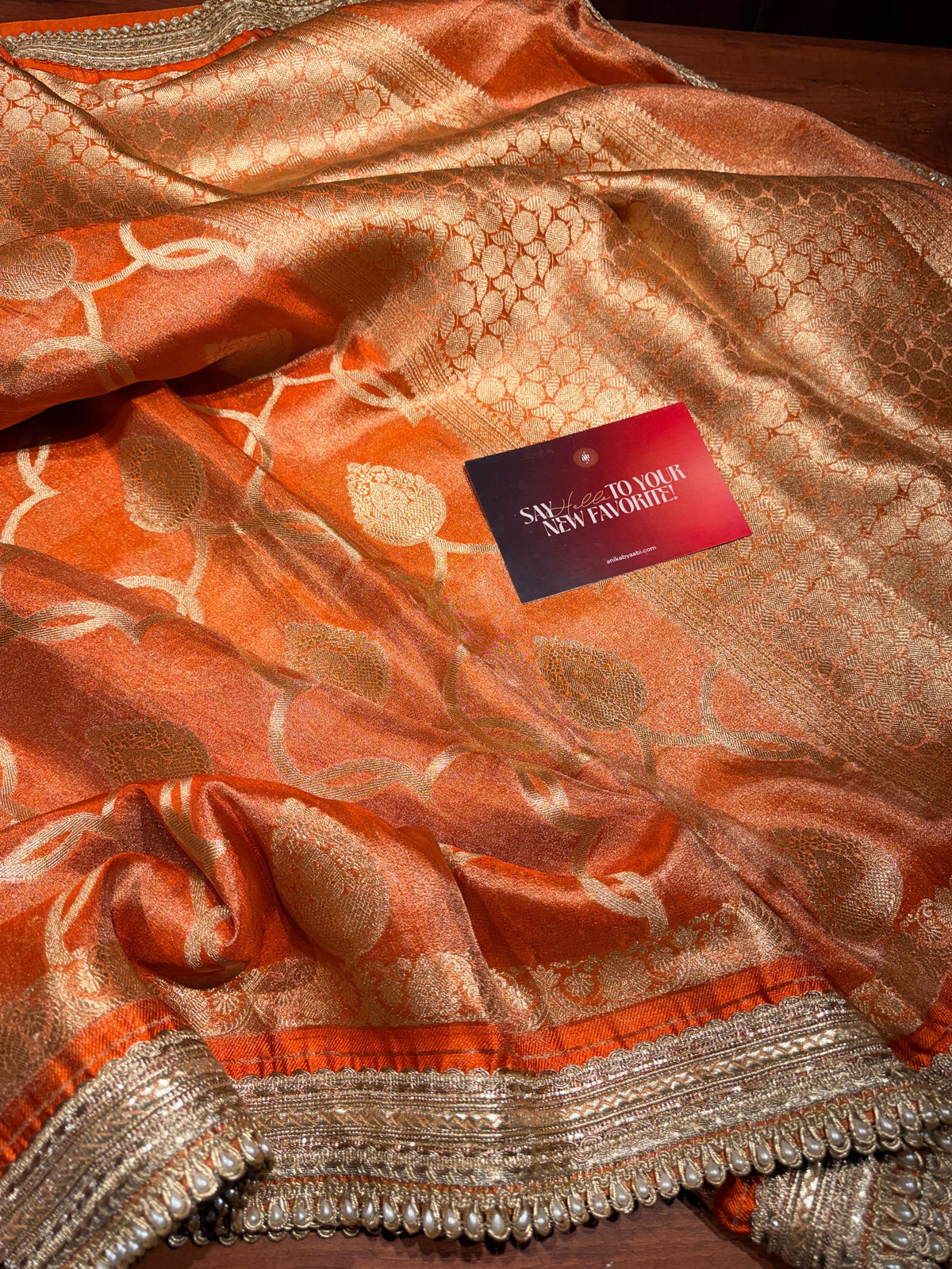 Orange Banarasi Tissue Motif Lace saree- Tissue Luxe