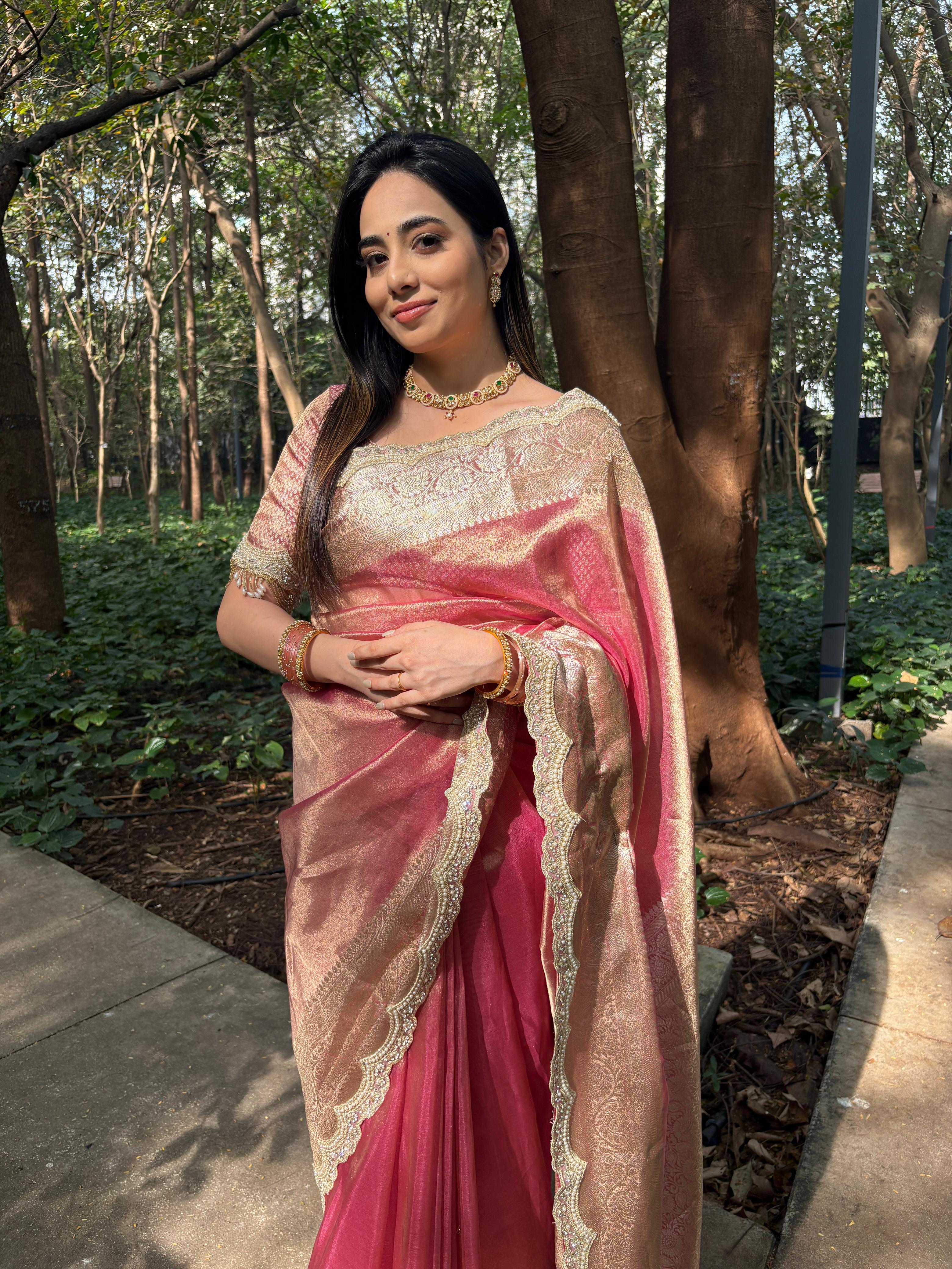 Anika's Exclusive Rosegold pink Tissue silk saree -RAGHA