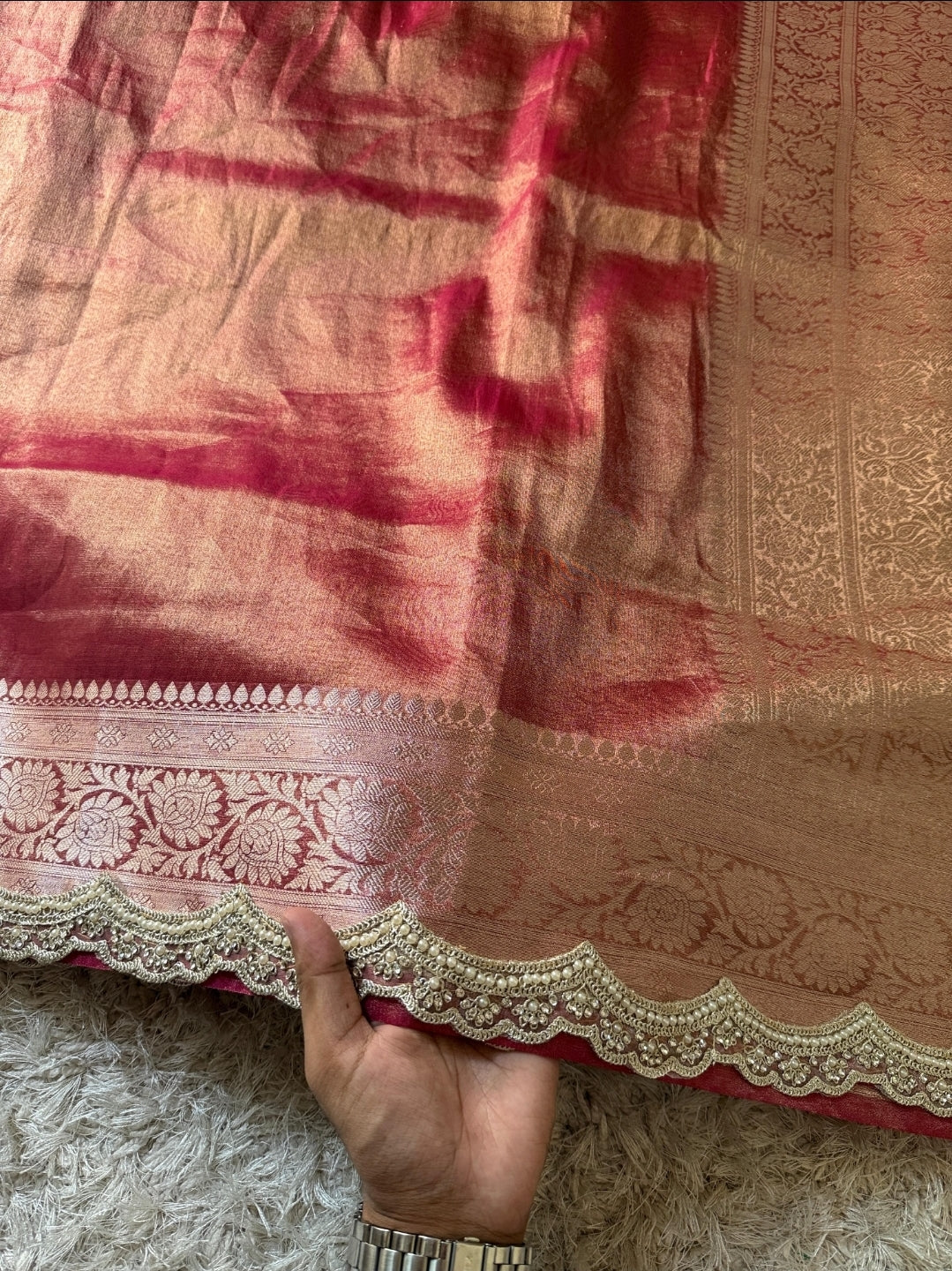 Anika's Exclusive Rosegold pink Tissue silk saree -RAGHA