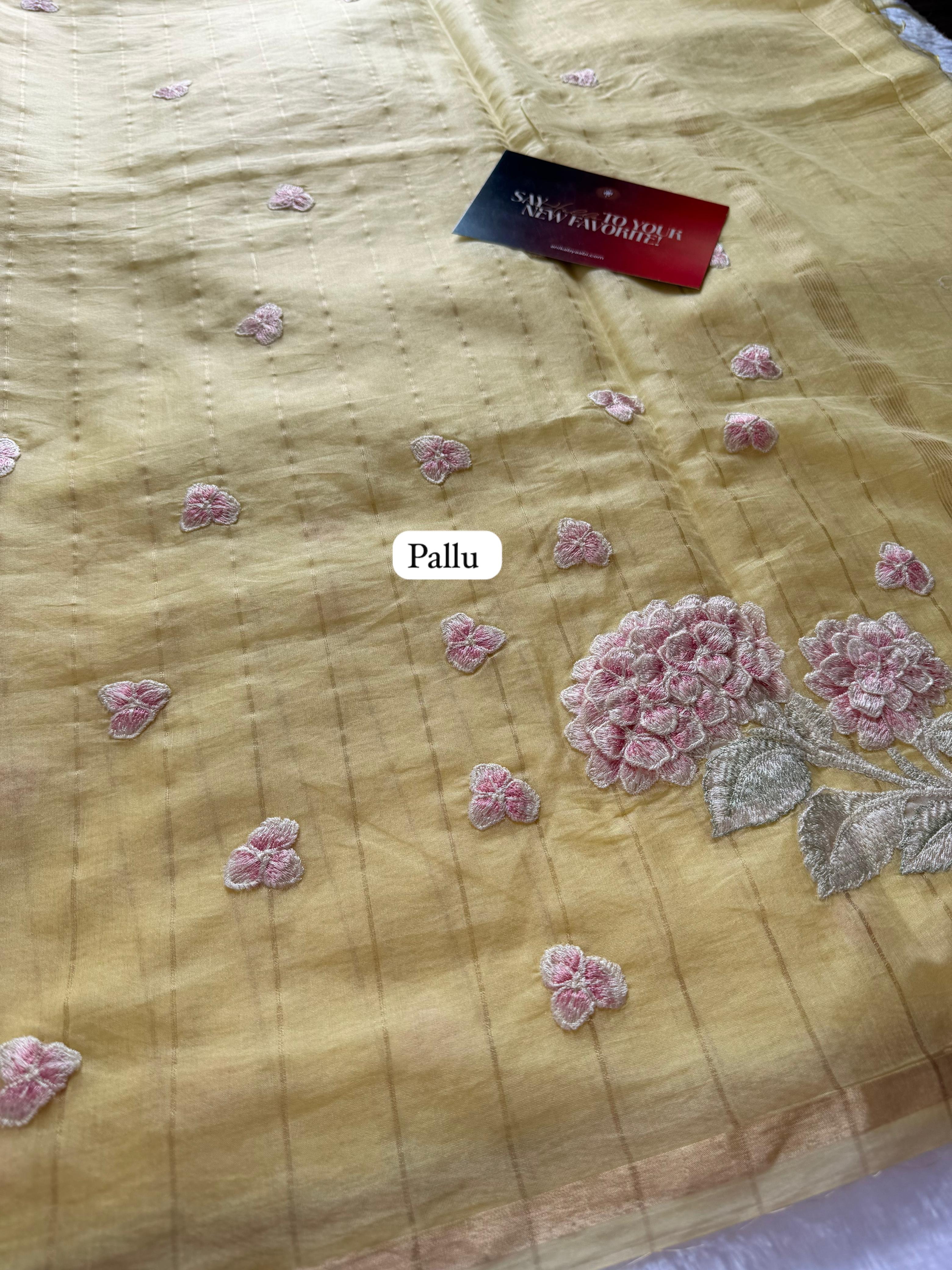 Yellow Chanderi Linen Embroidered Saree – Bloom Edit AC03