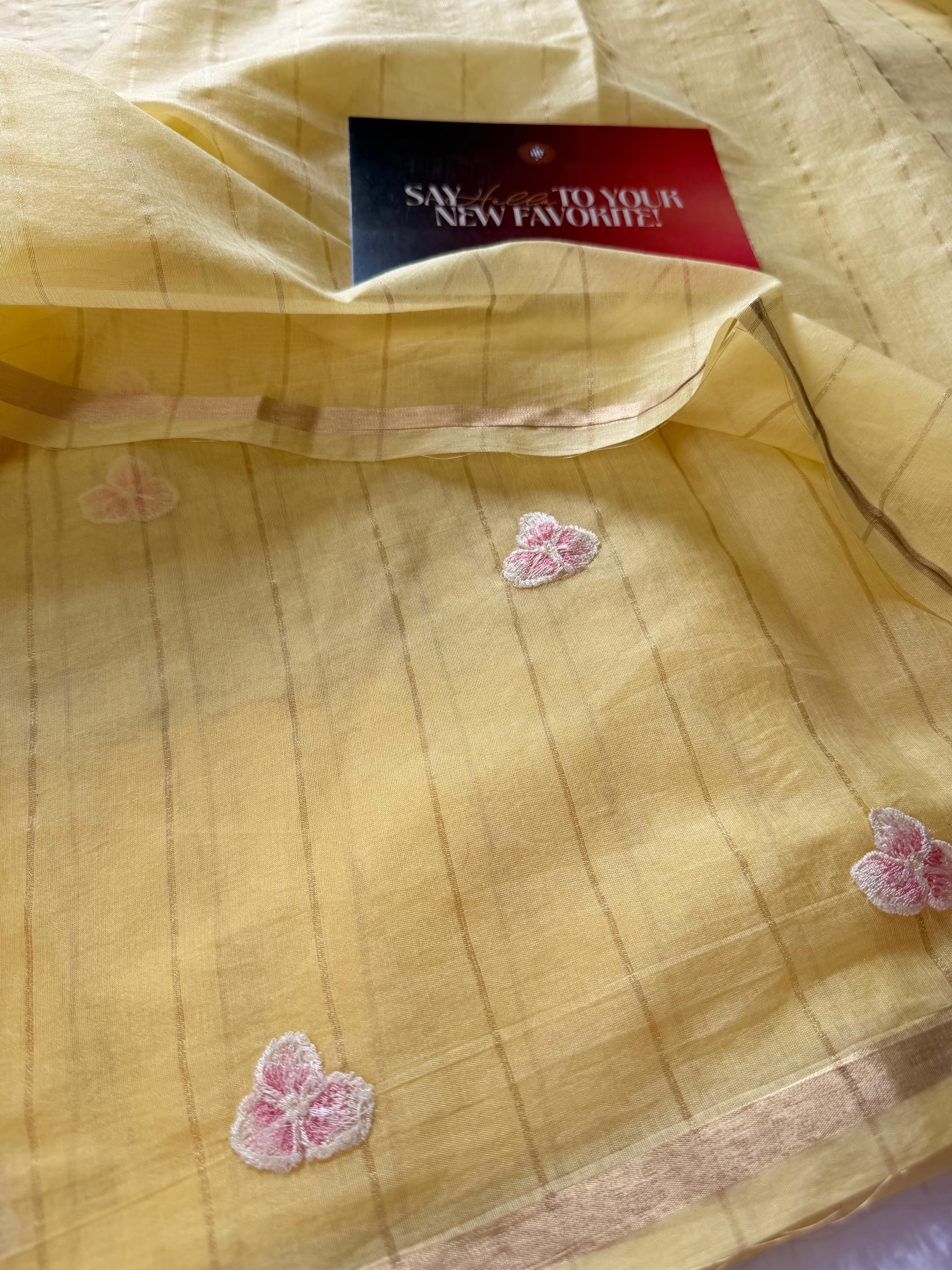 Yellow Chanderi Linen Embroidered Saree – Bloom Edit AC03