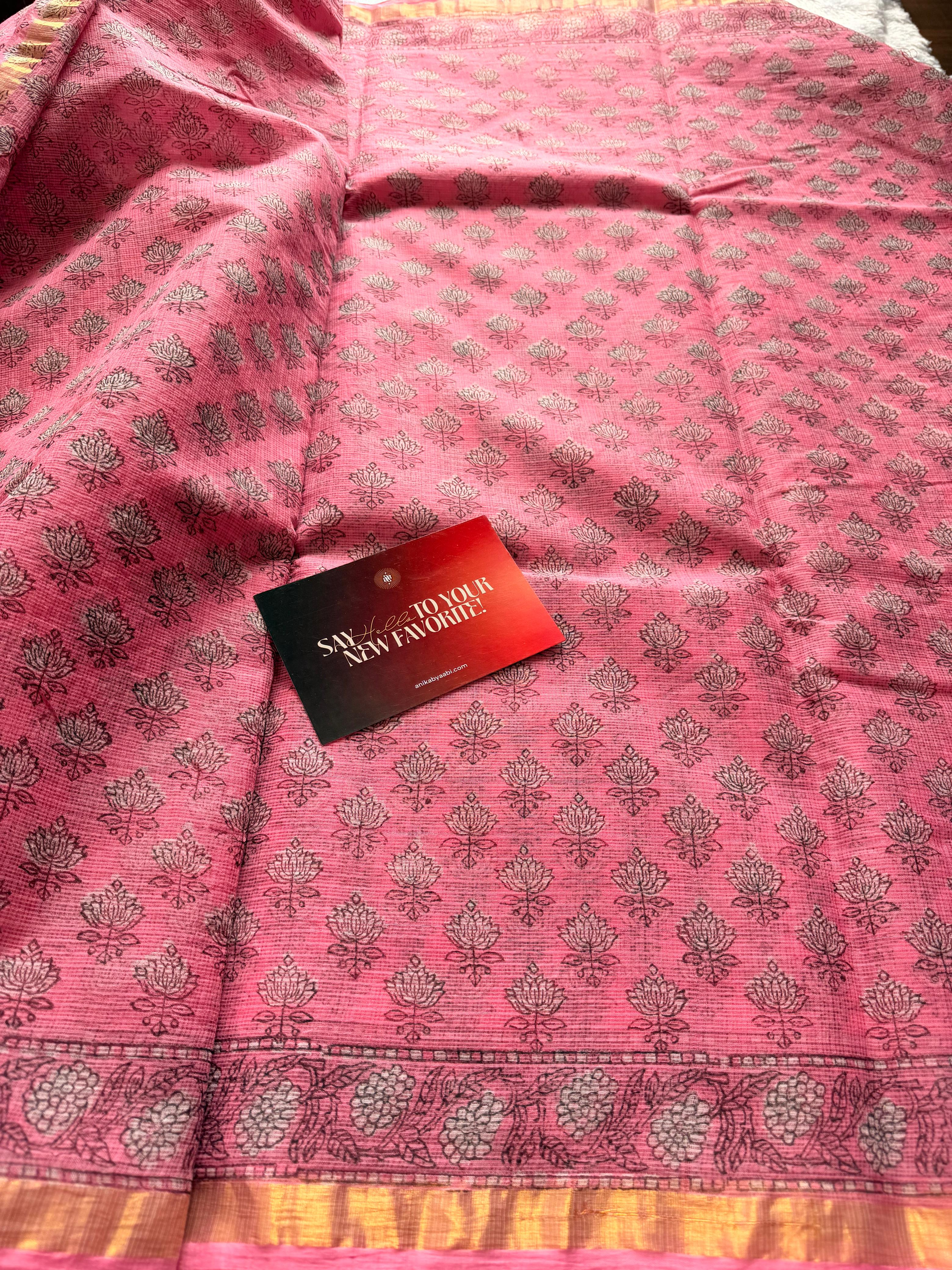 Pure Kota Cotton Handblock Print Saree – Pink Lotus Bloom