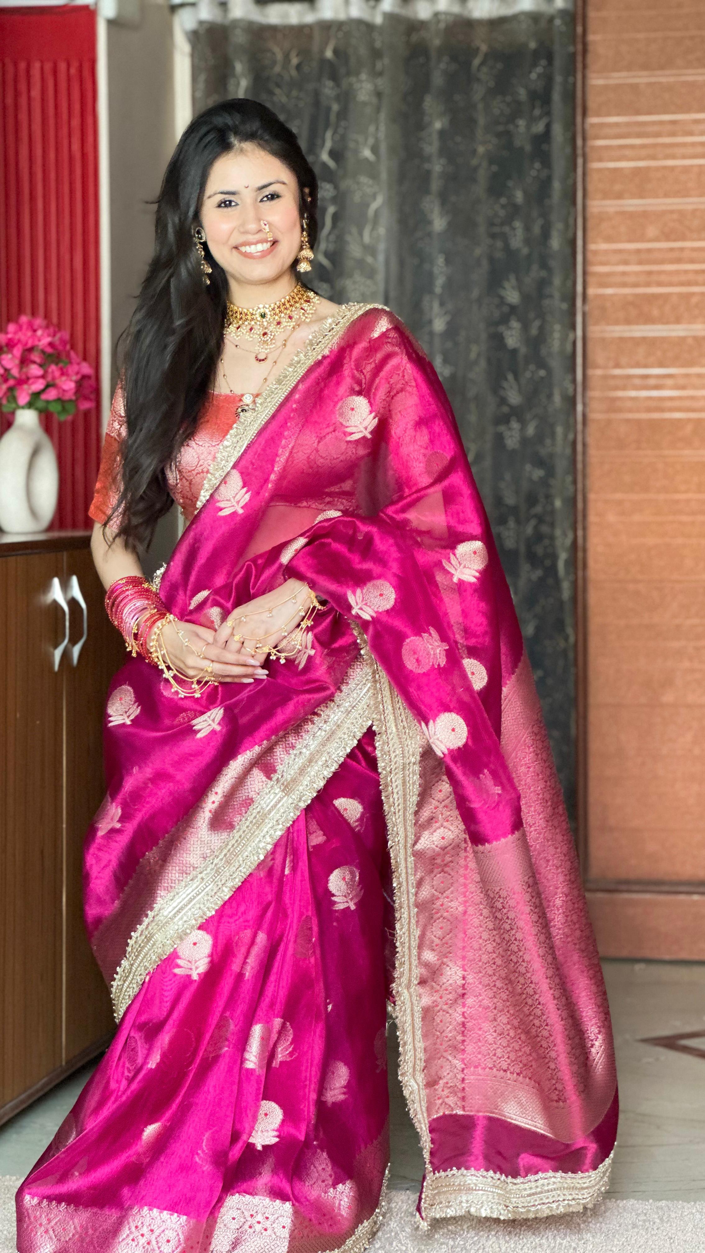 Dark Pink Tissue Motif Lace Saree-TLM03