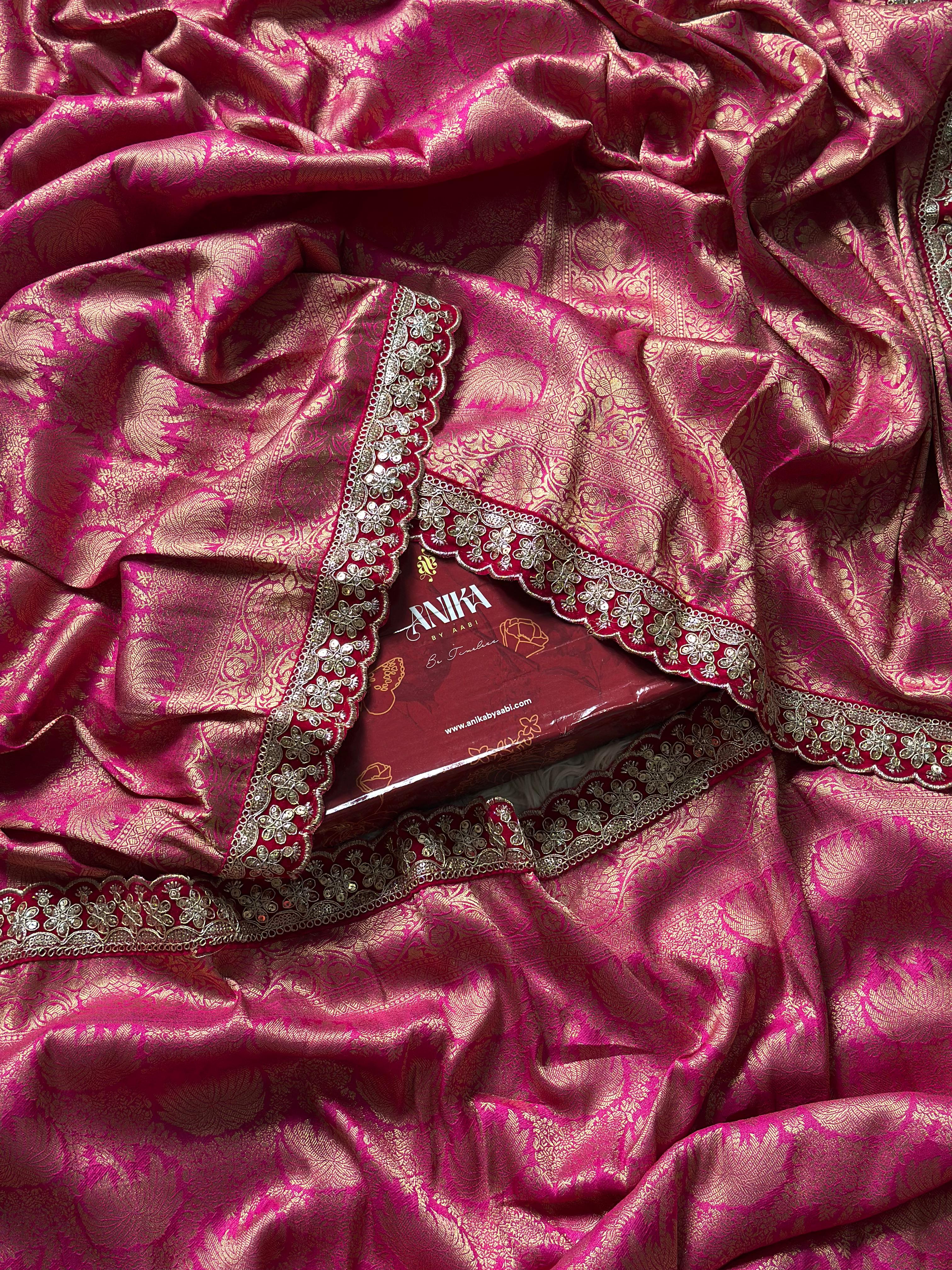 BANARASI BROCADE SILK SAREE WITH LACE - RANIPINK