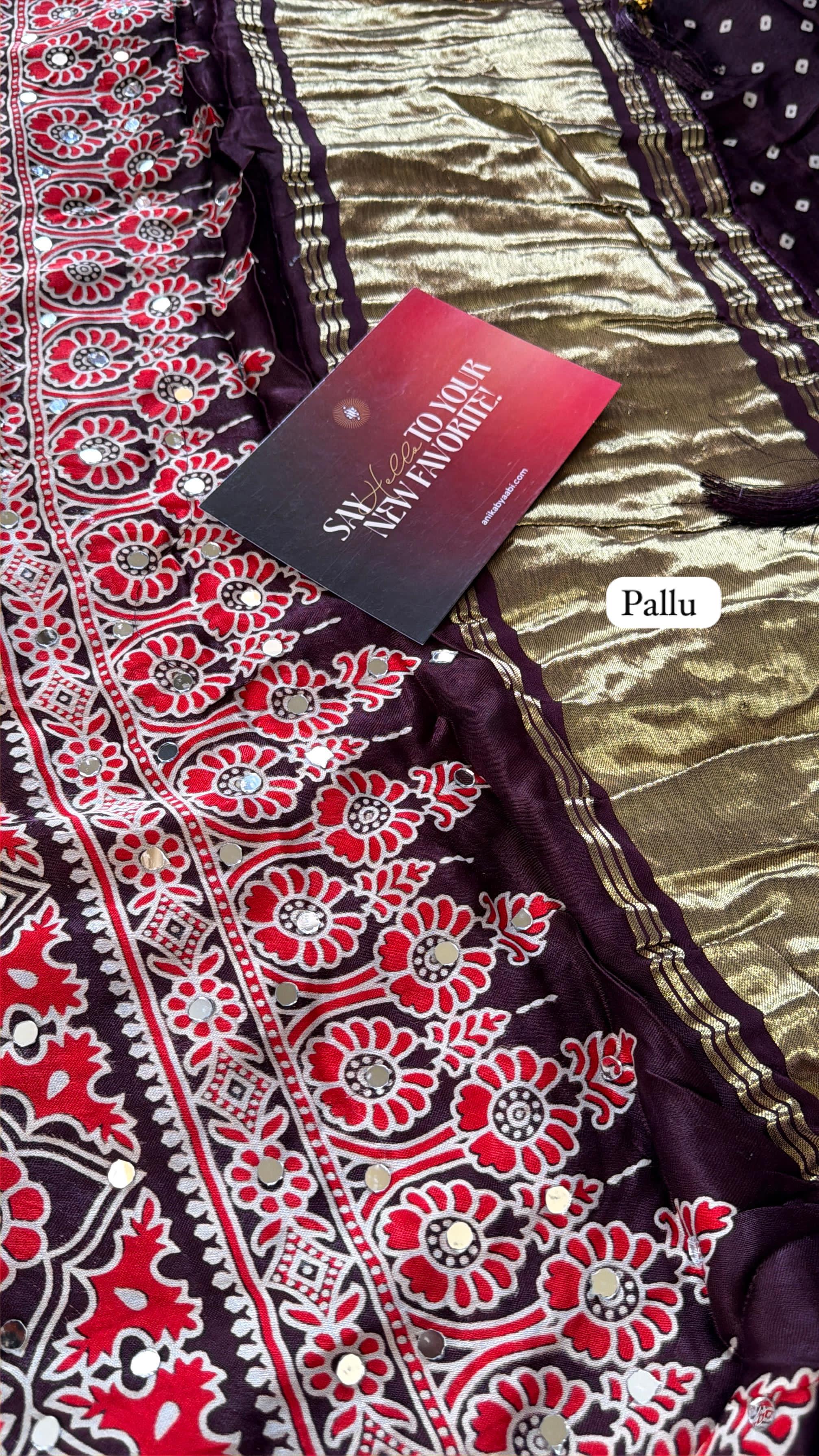 Ajrakh Modal Mirror Work Saree-Brown