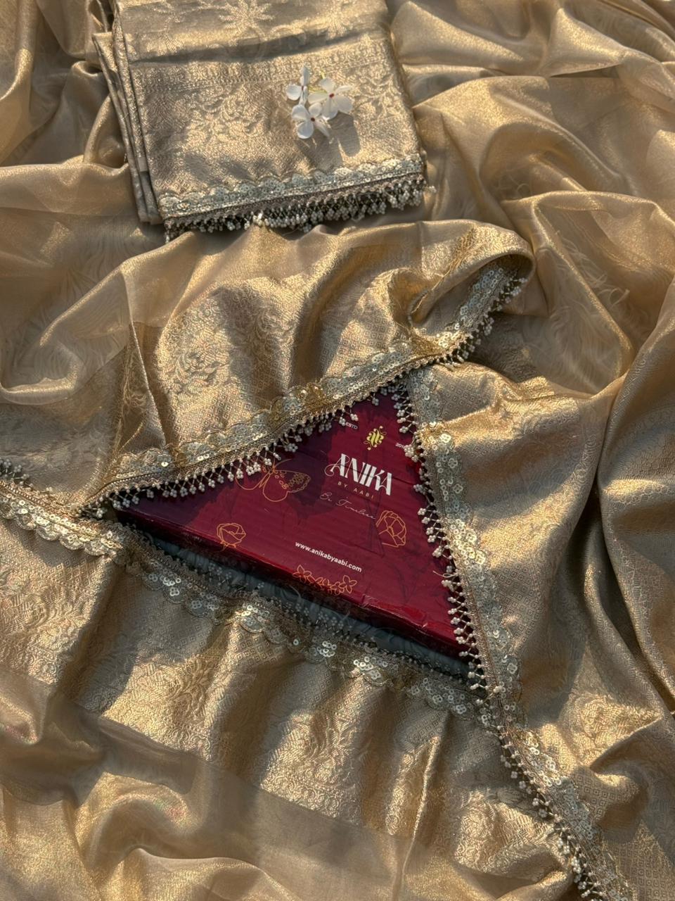 Anika's Banarasi Gold Tissue saree with Lace work - Golden Glow