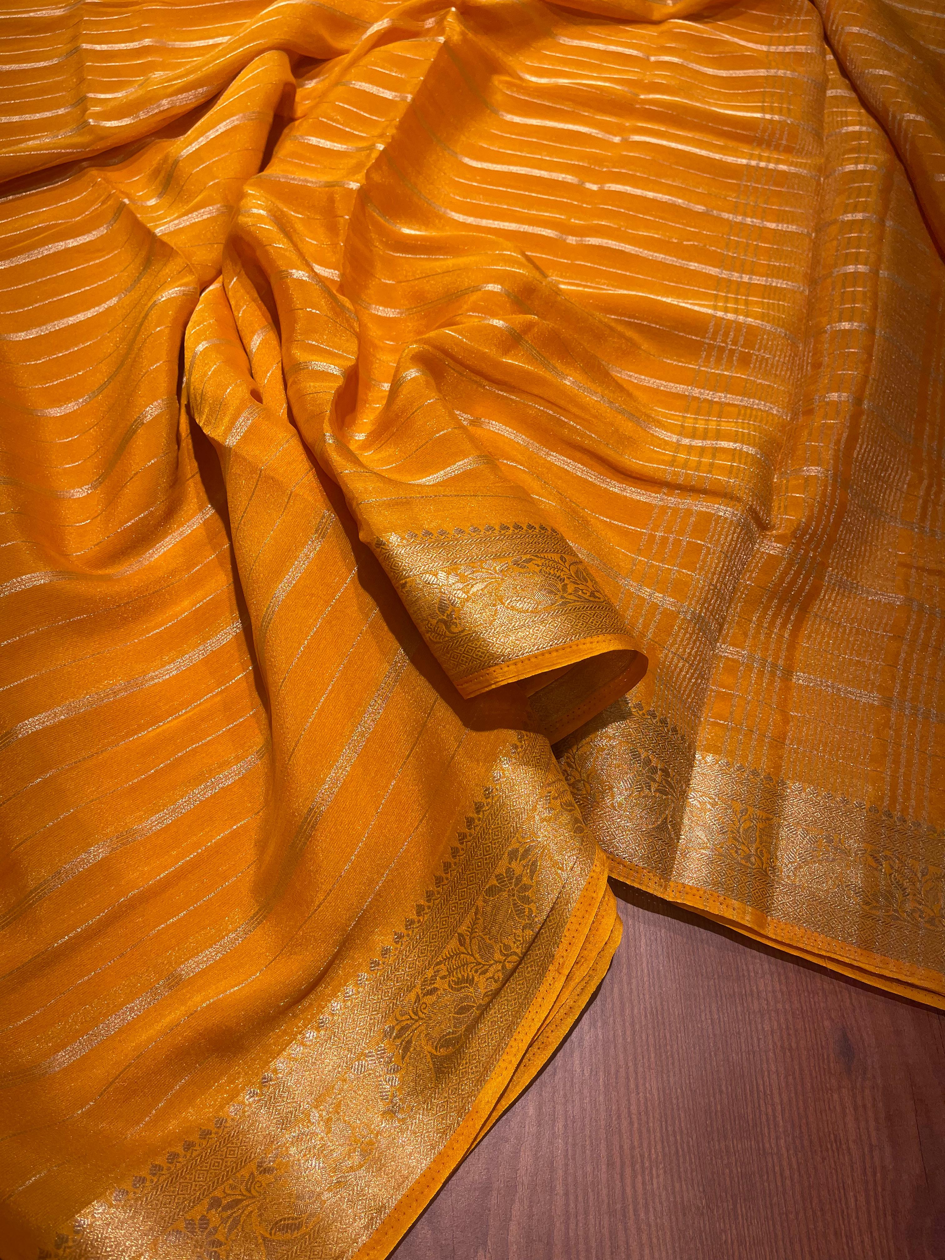 Anika's banarasi Chiffon silk saree -dark yellow