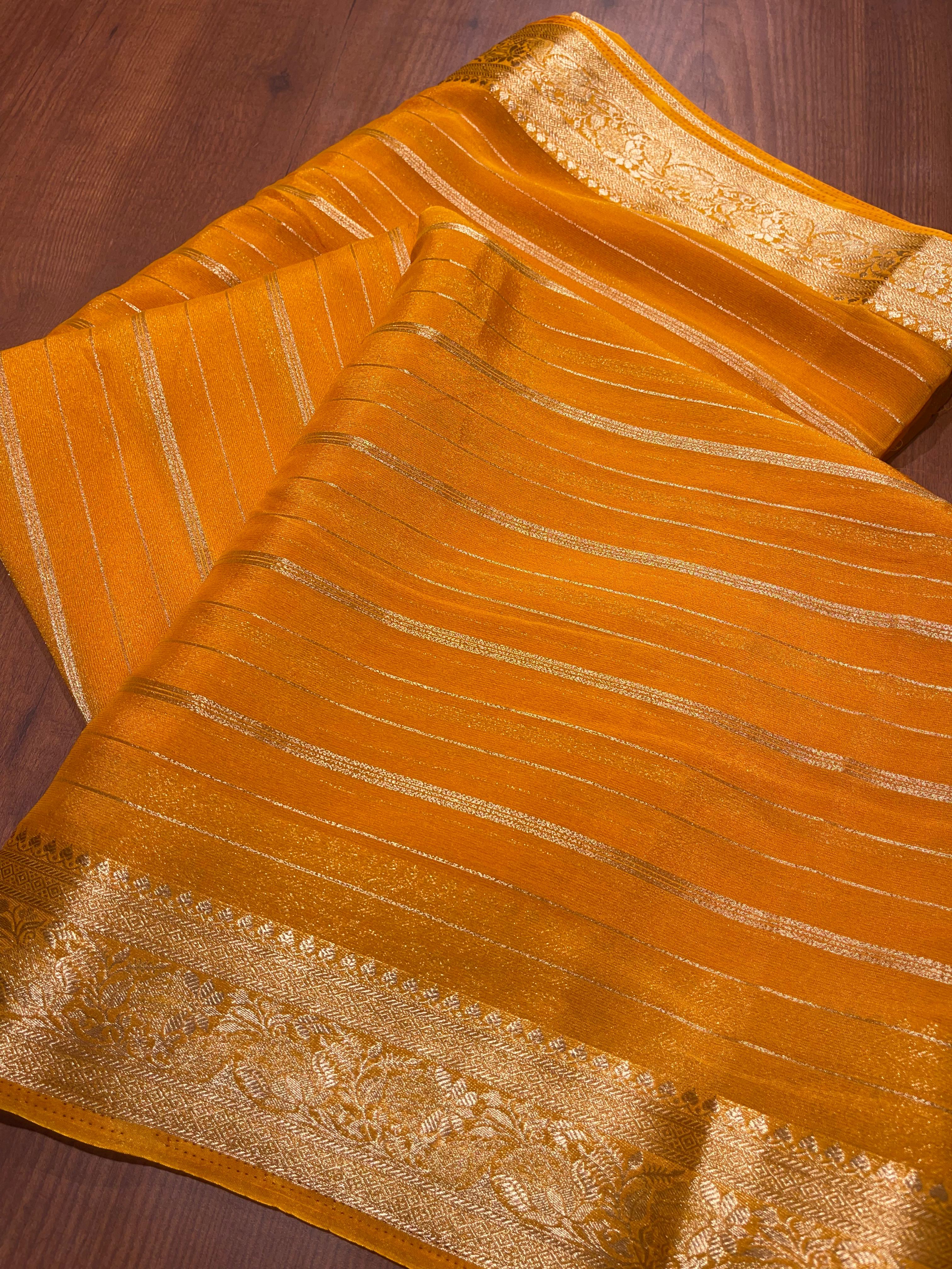 Anika's banarasi Chiffon silk saree -dark yellow