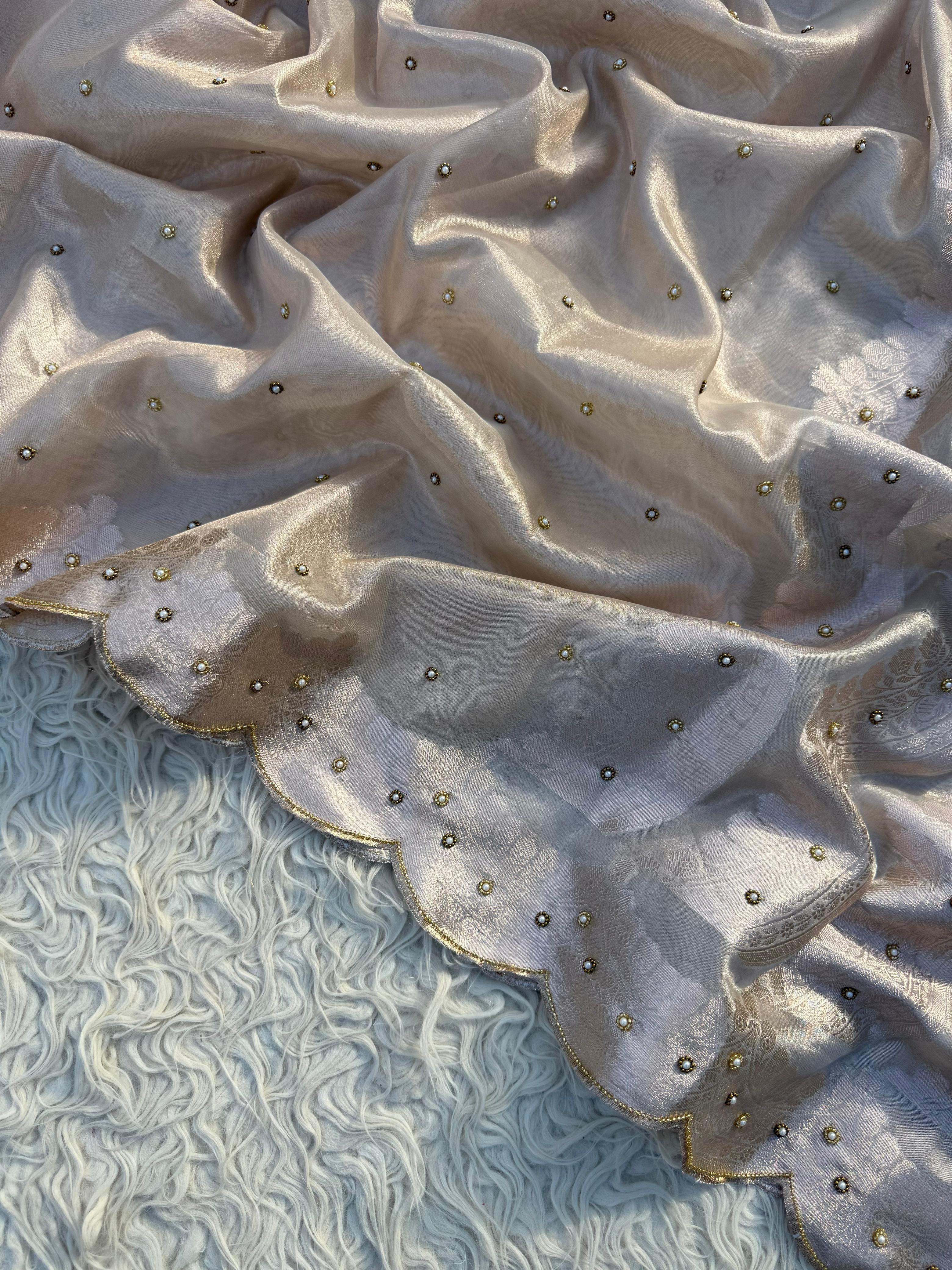 Anika's Hand work designer saree - Silver & champagne gold