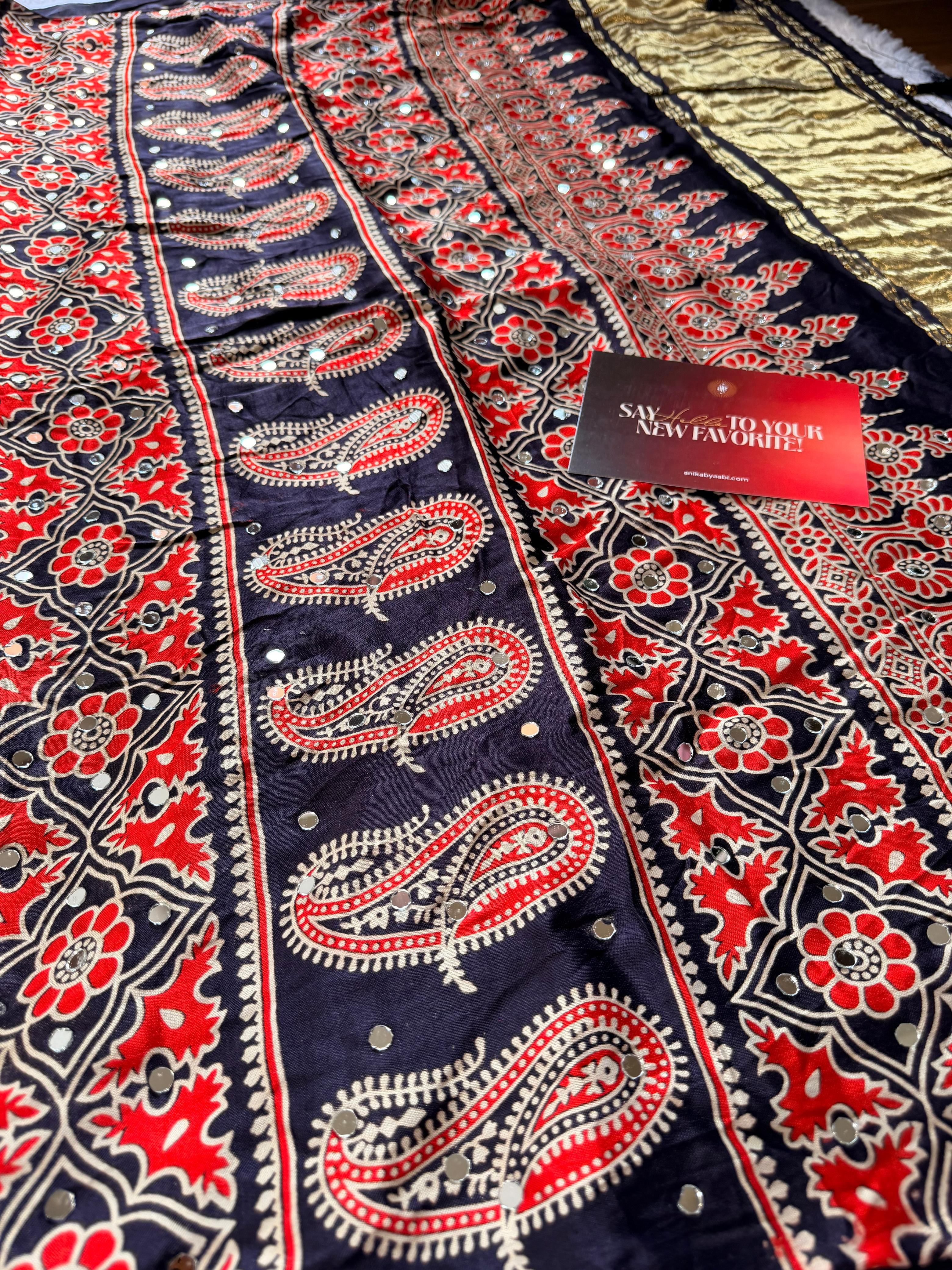 Ajrakh Model Mirror Work Saree-Nevyblue