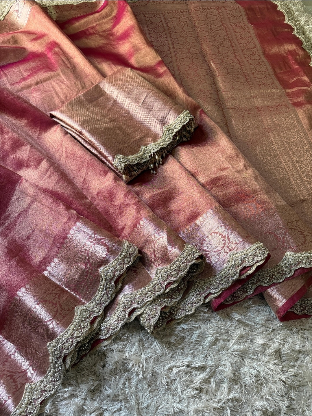 Anika's Exclusive Rosegold pink Tissue silk saree -RAGHA