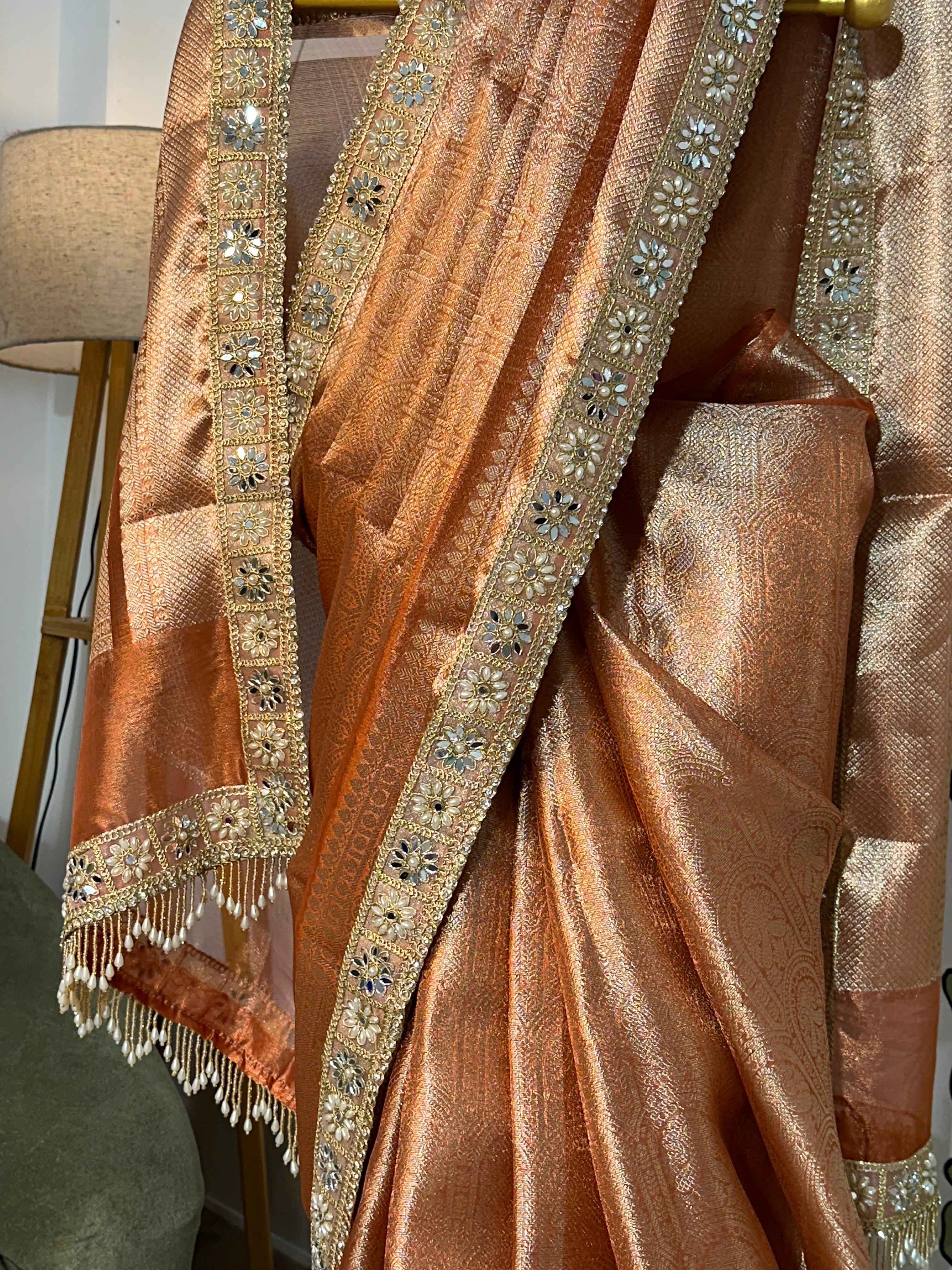 Anika's Banarasi Tissue Brocade silk saree | Sunset Orange | MARGAZHI