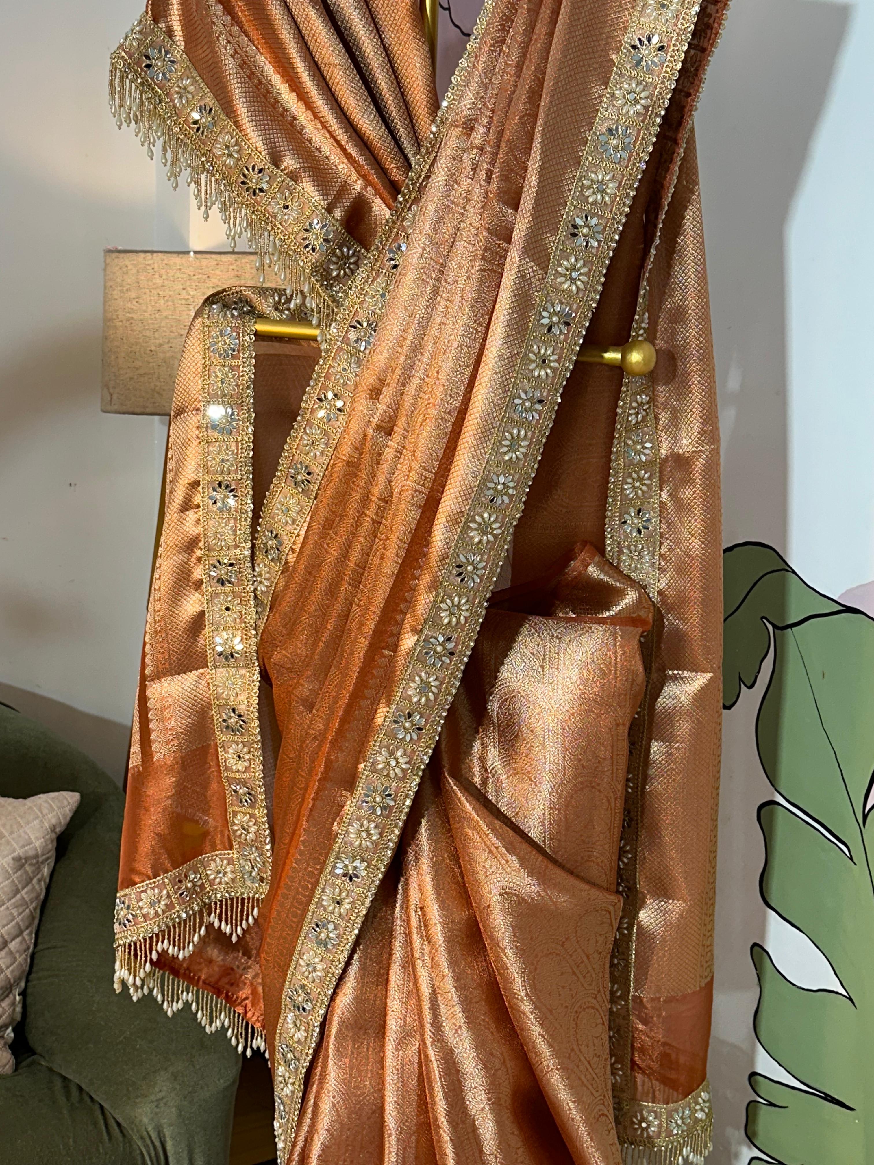 Anika's Banarasi Tissue Brocade silk saree | Sunset Orange | MARGAZHI