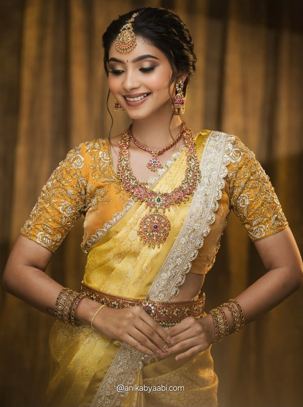 Tissue luxe - Banarasi Brocade silk saree in golden yellow with lace