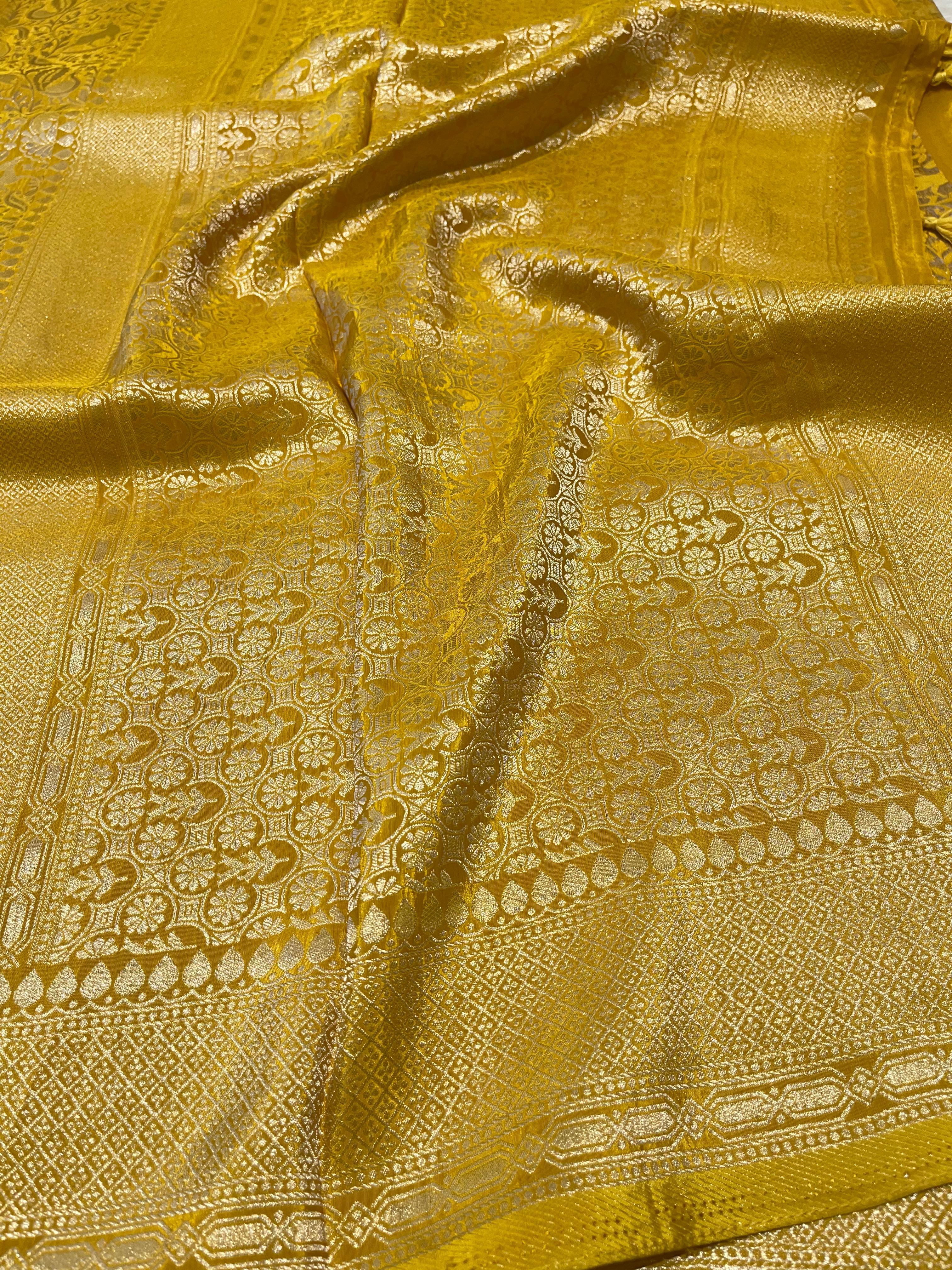 Yellow Banarasi Chinon Soft Silk Saree- Full Zari Butta SA01
