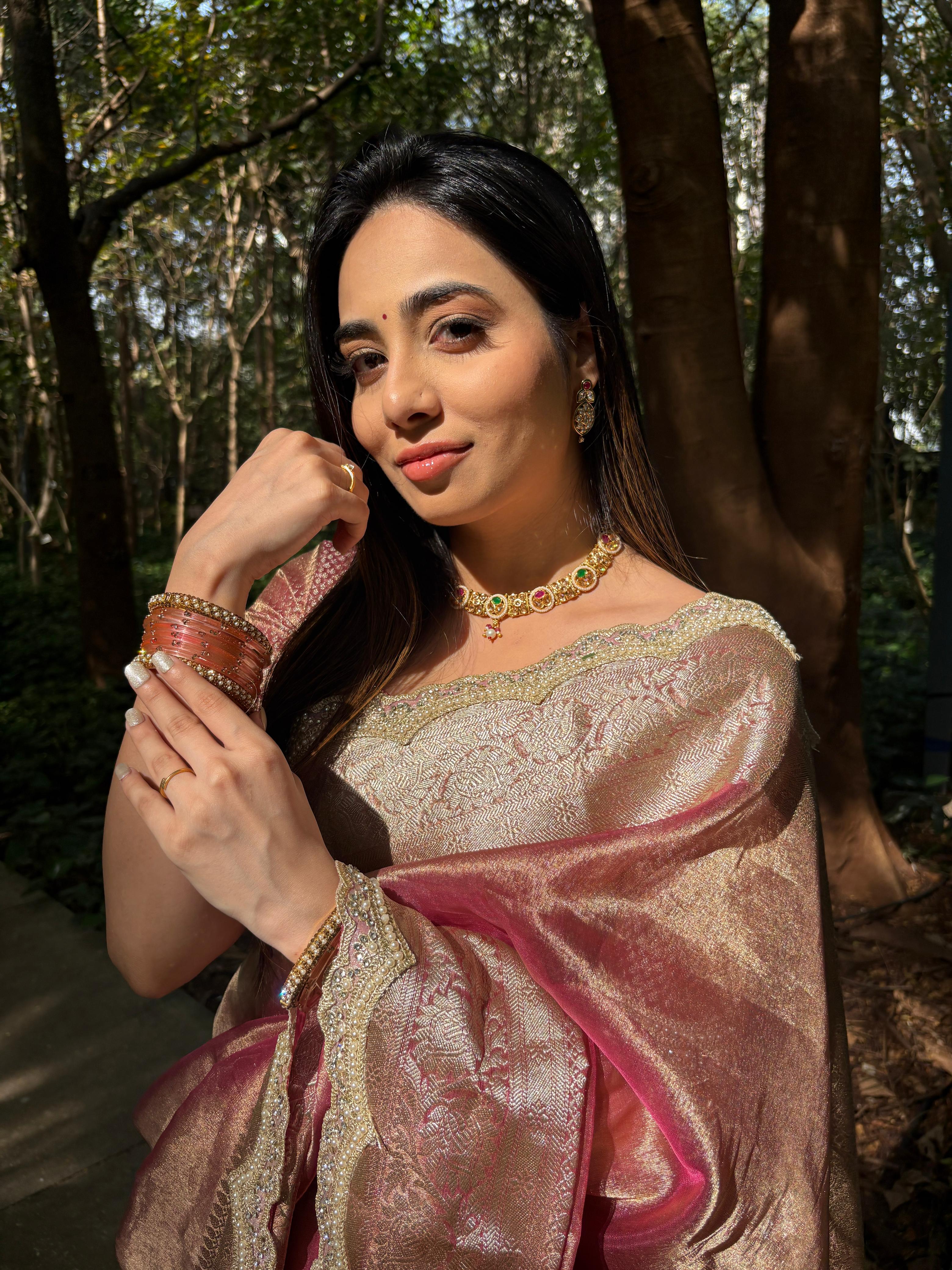 Anika's Exclusive Rosegold pink Tissue silk saree -RAGHA