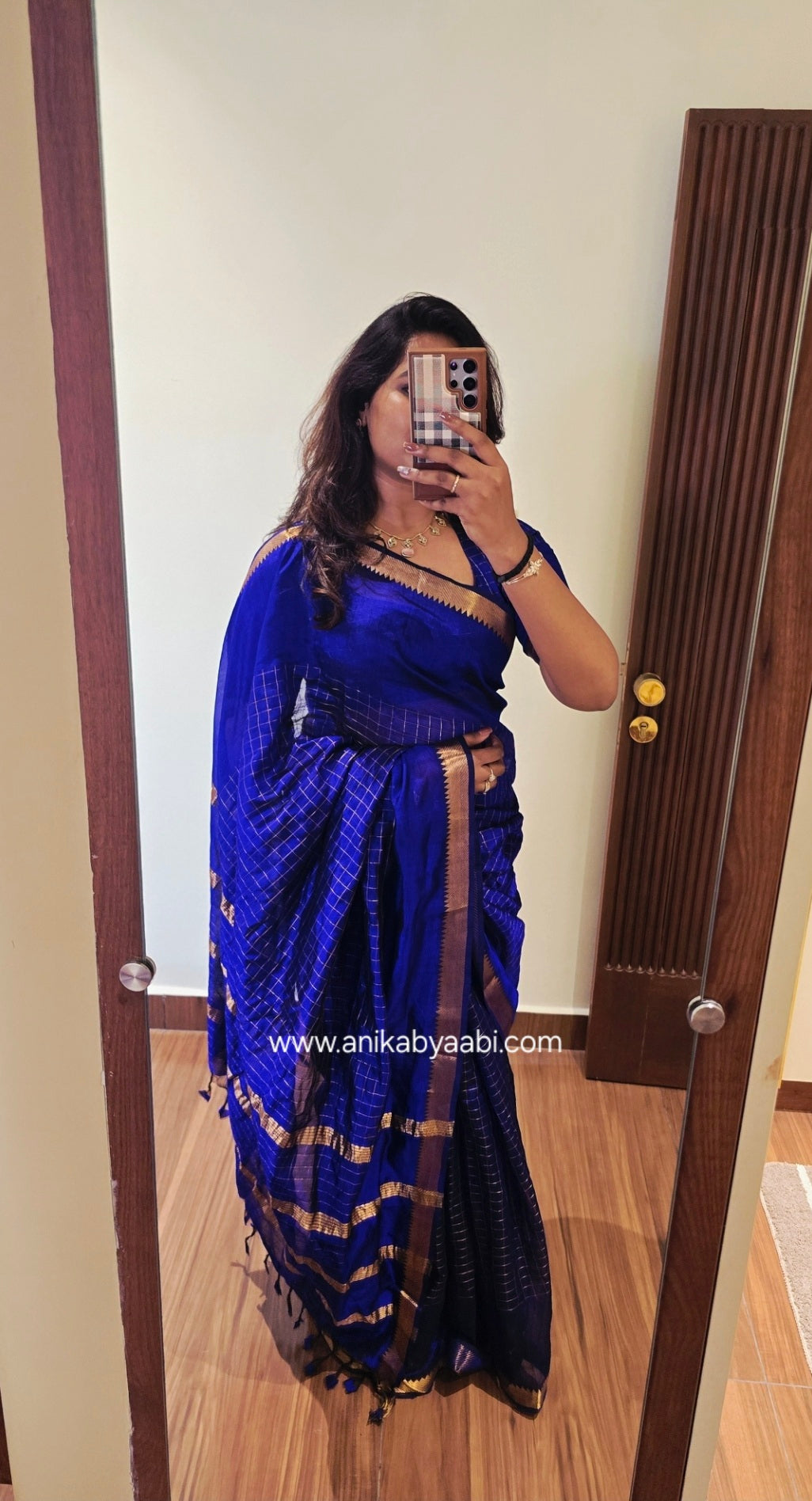 Anika's Handloom Mangalagiri pure silk saree - Ink Blue