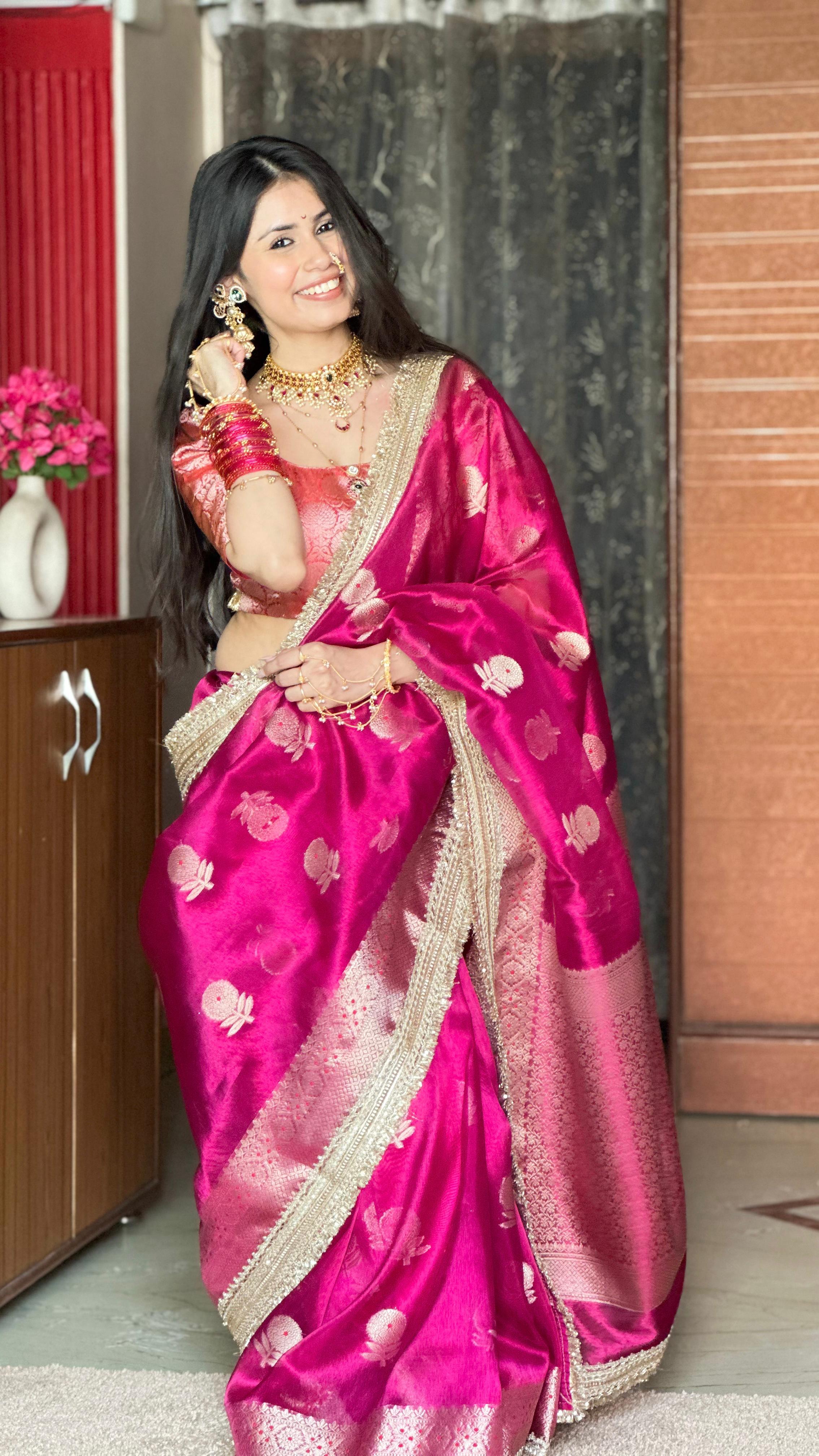 Dark Pink Tissue Motif Lace Saree-TLM03