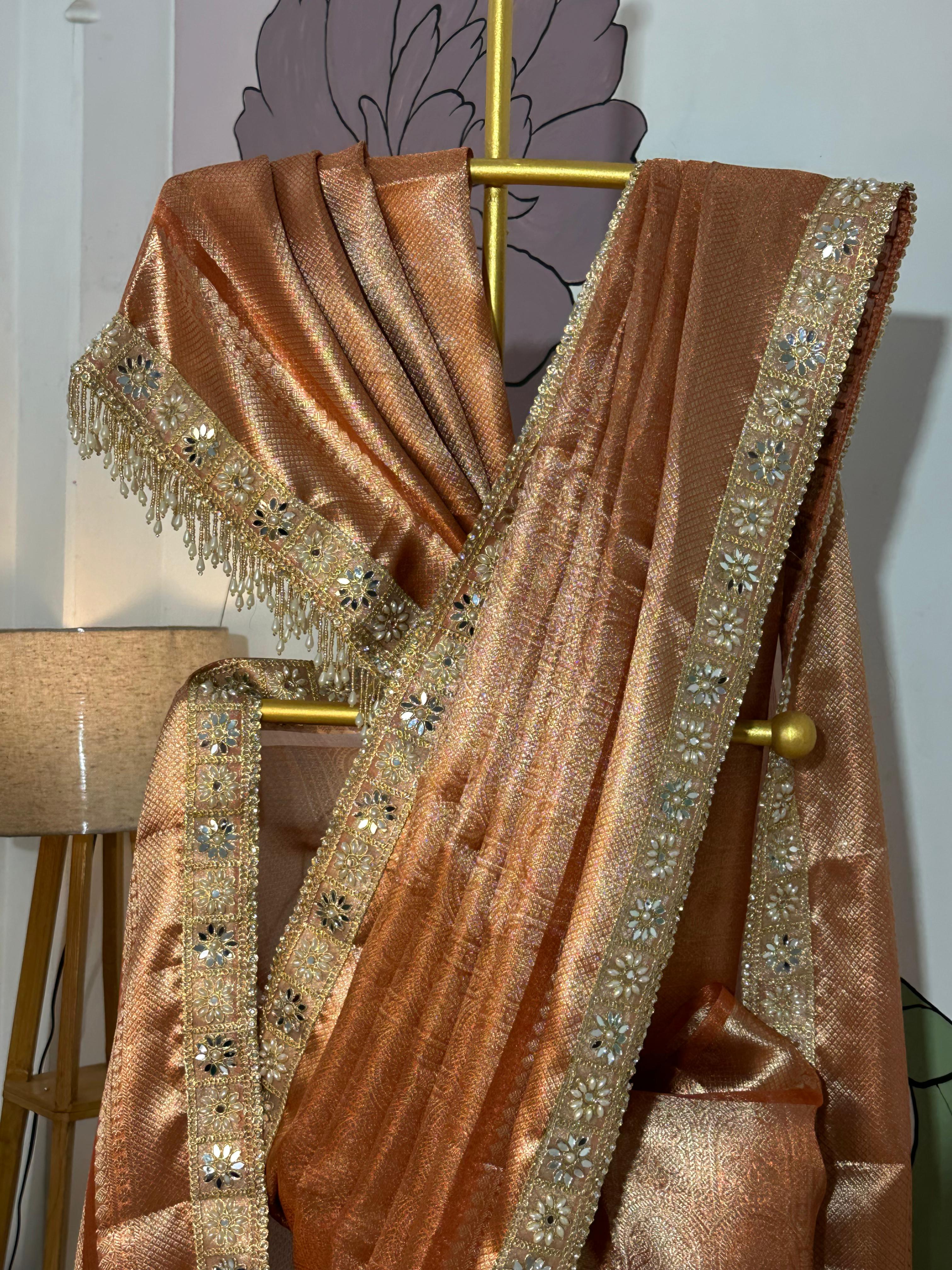 Anika's Banarasi Tissue Brocade silk saree | Sunset Orange | MARGAZHI