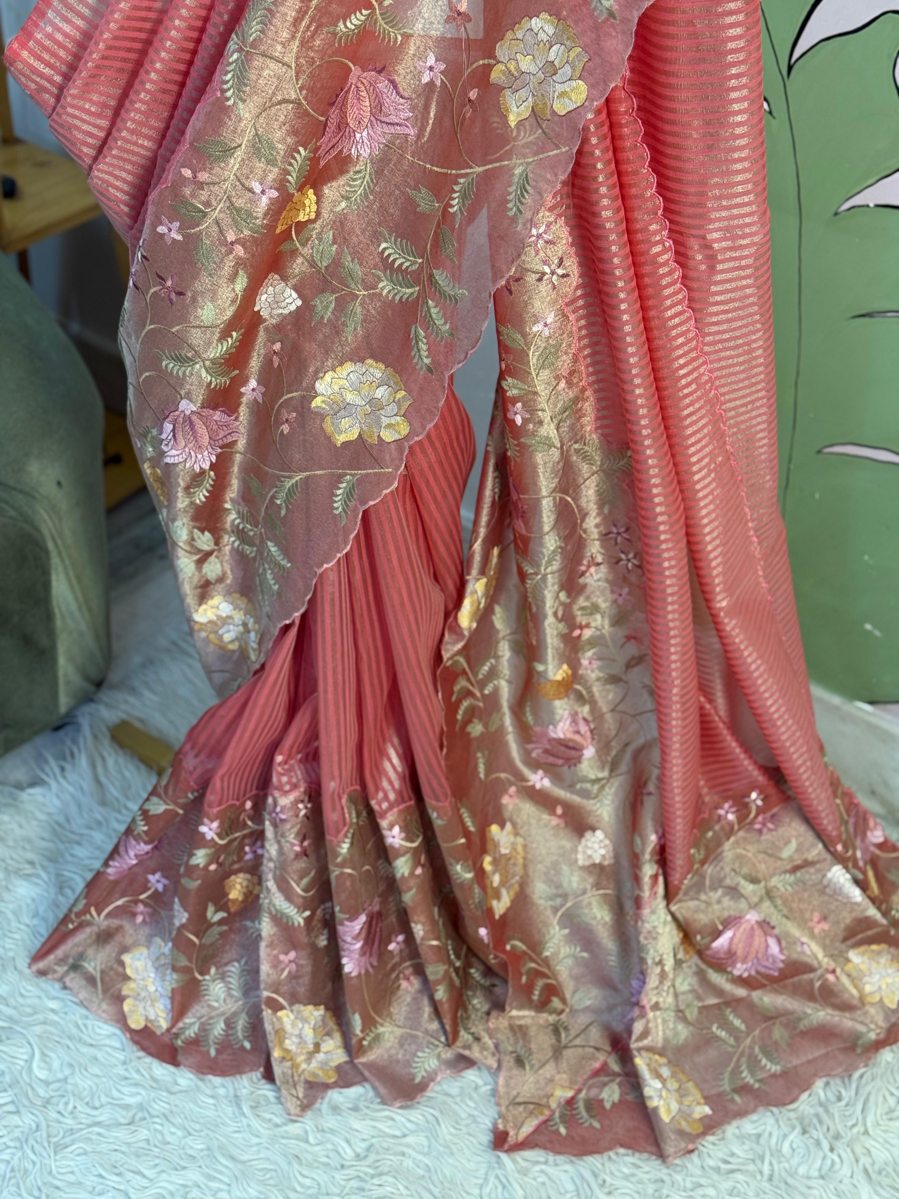 Tissue Cutwork Floral Border Saree- AC02