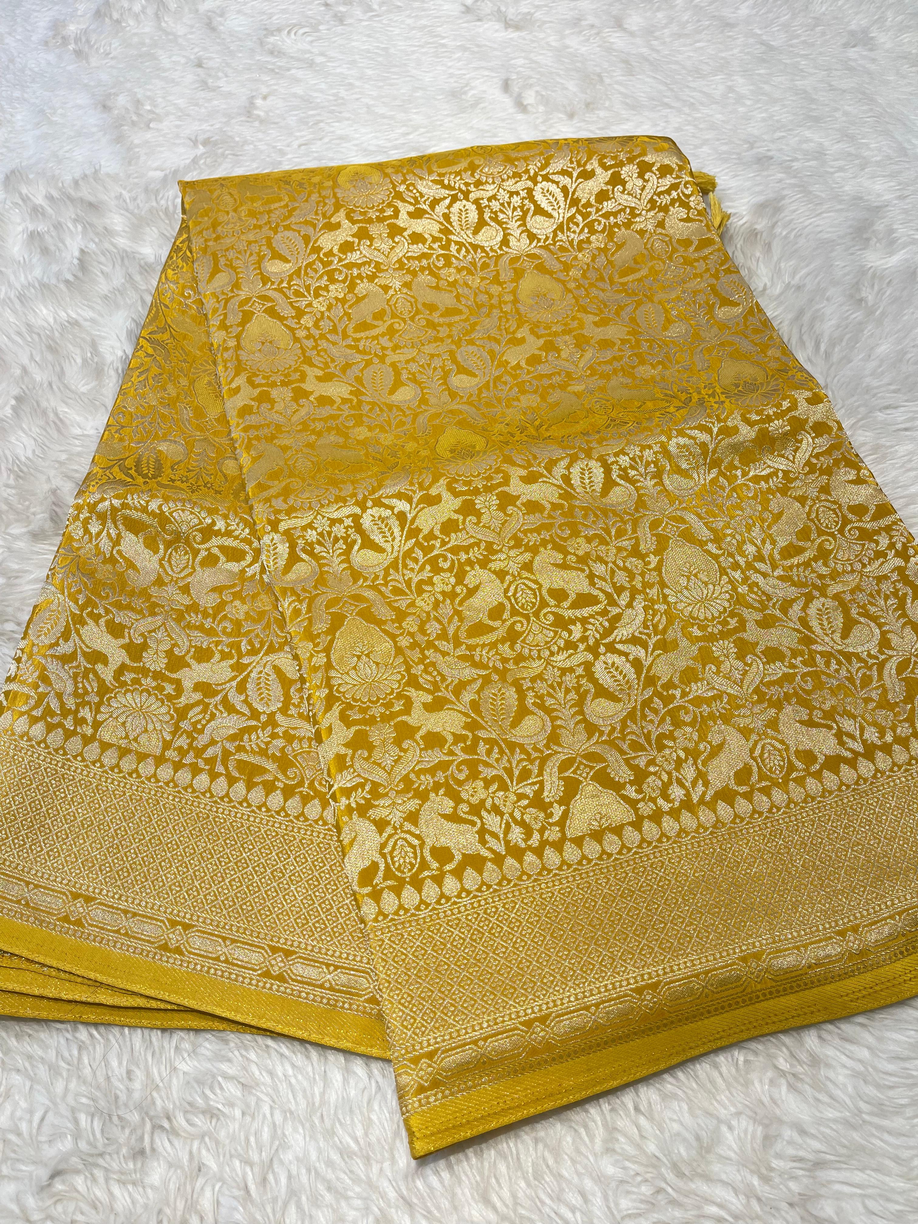 Yellow Banarasi Chinon Soft Silk Saree- Full Zari Butta SA01
