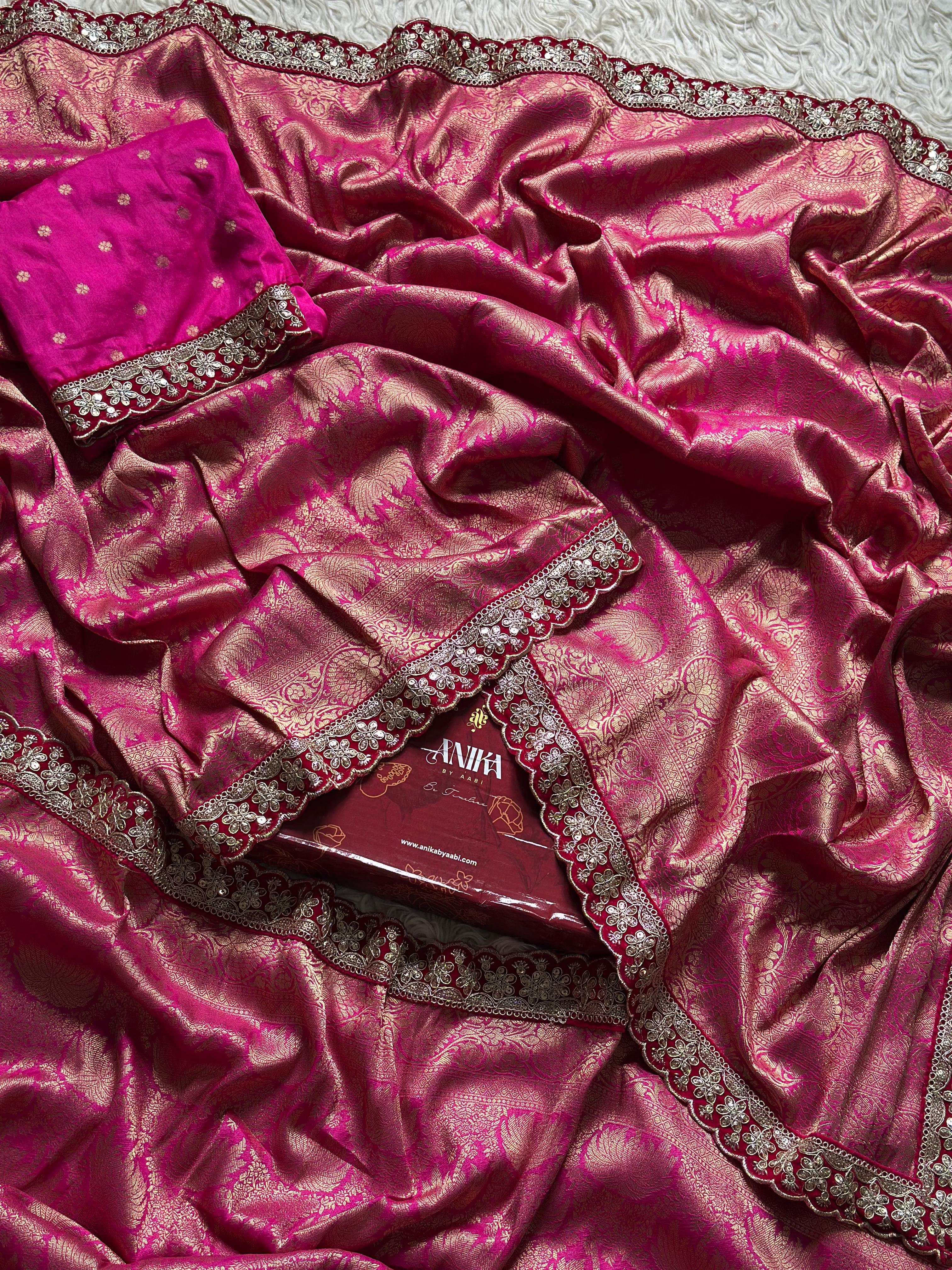 BANARASI BROCADE SILK SAREE WITH LACE - RANIPINK