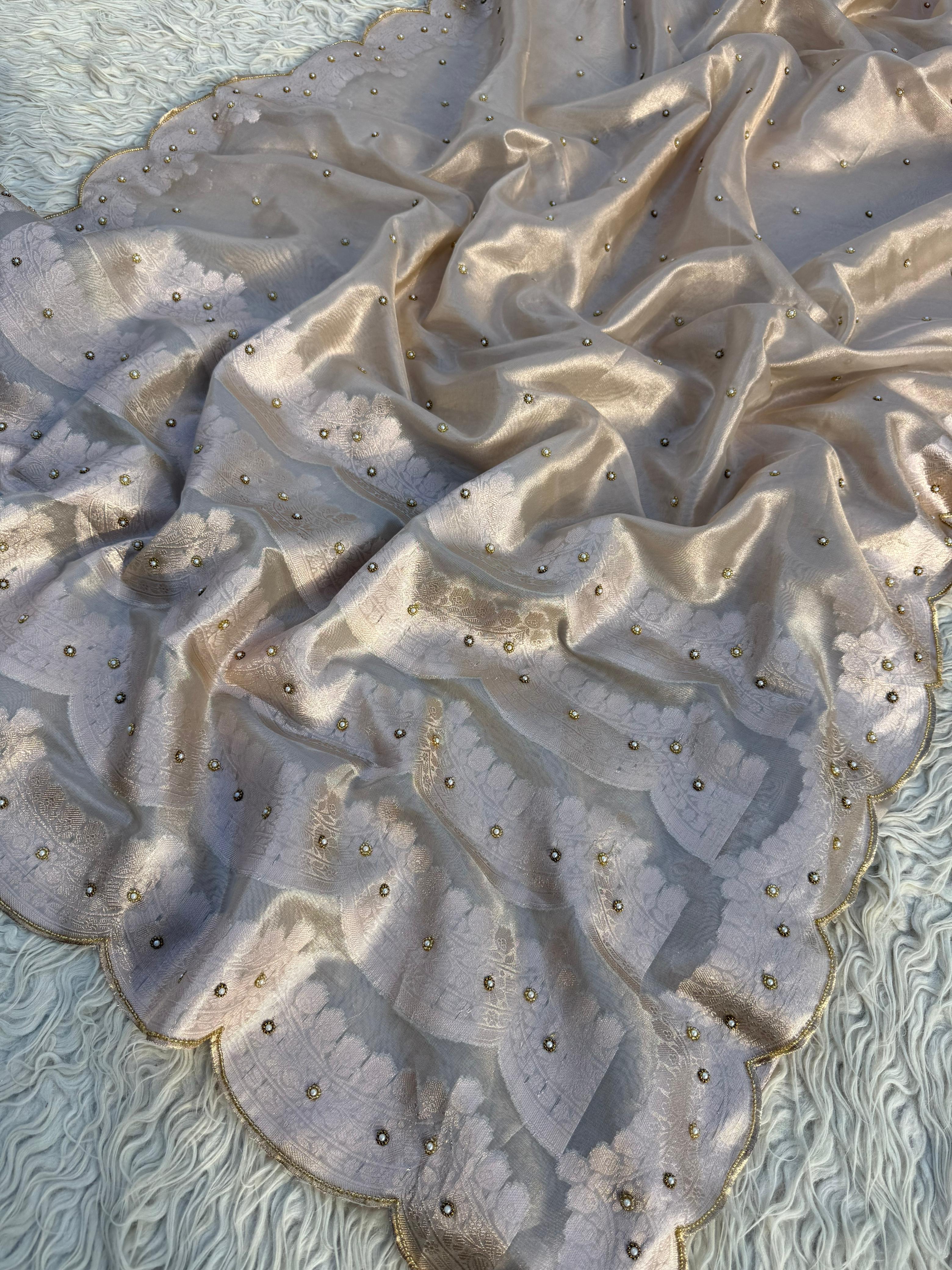 Anika's Hand work designer saree - Silver & champagne gold