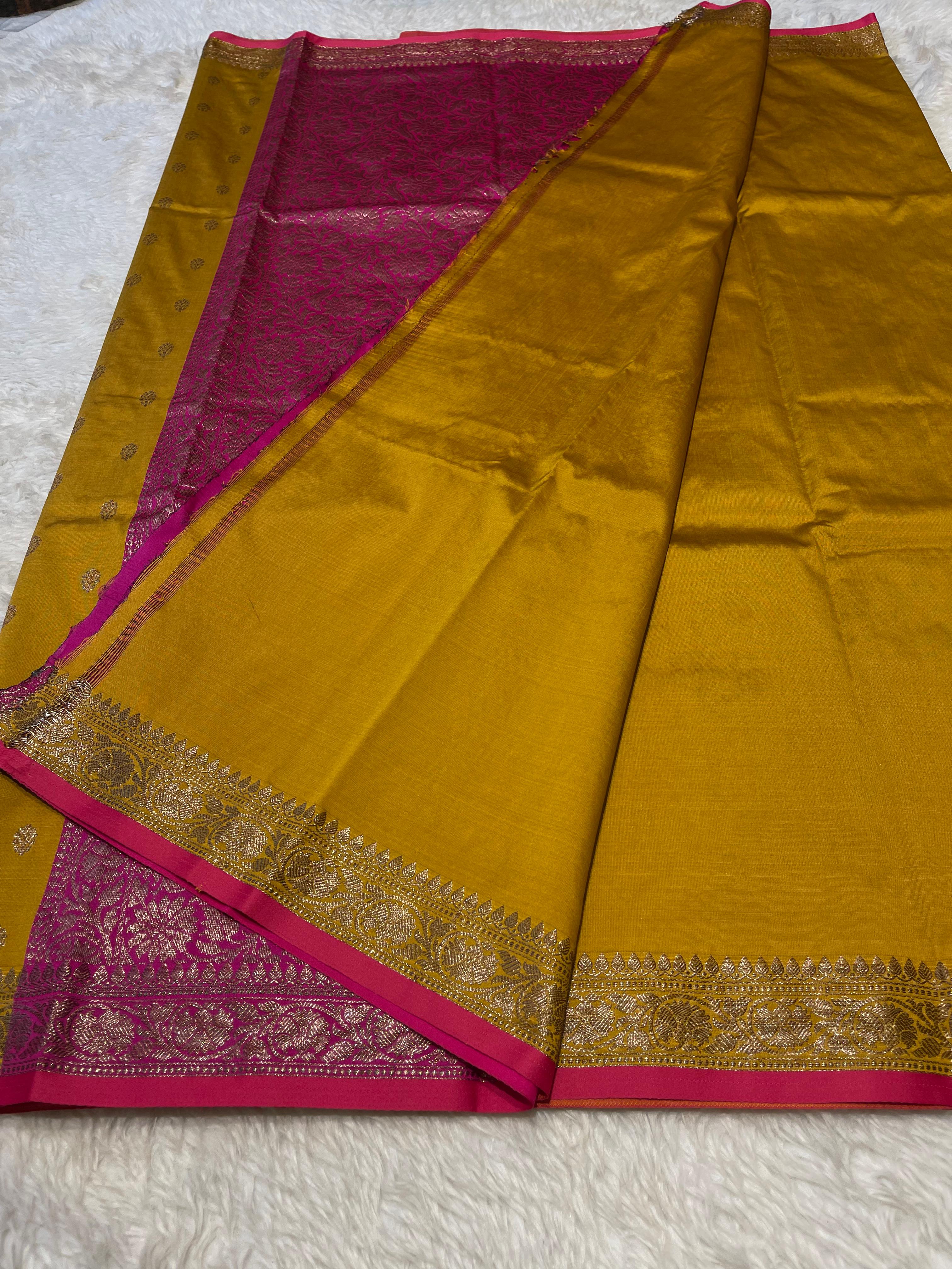 Anika's cotton silk Saree - Butta Mustard pink