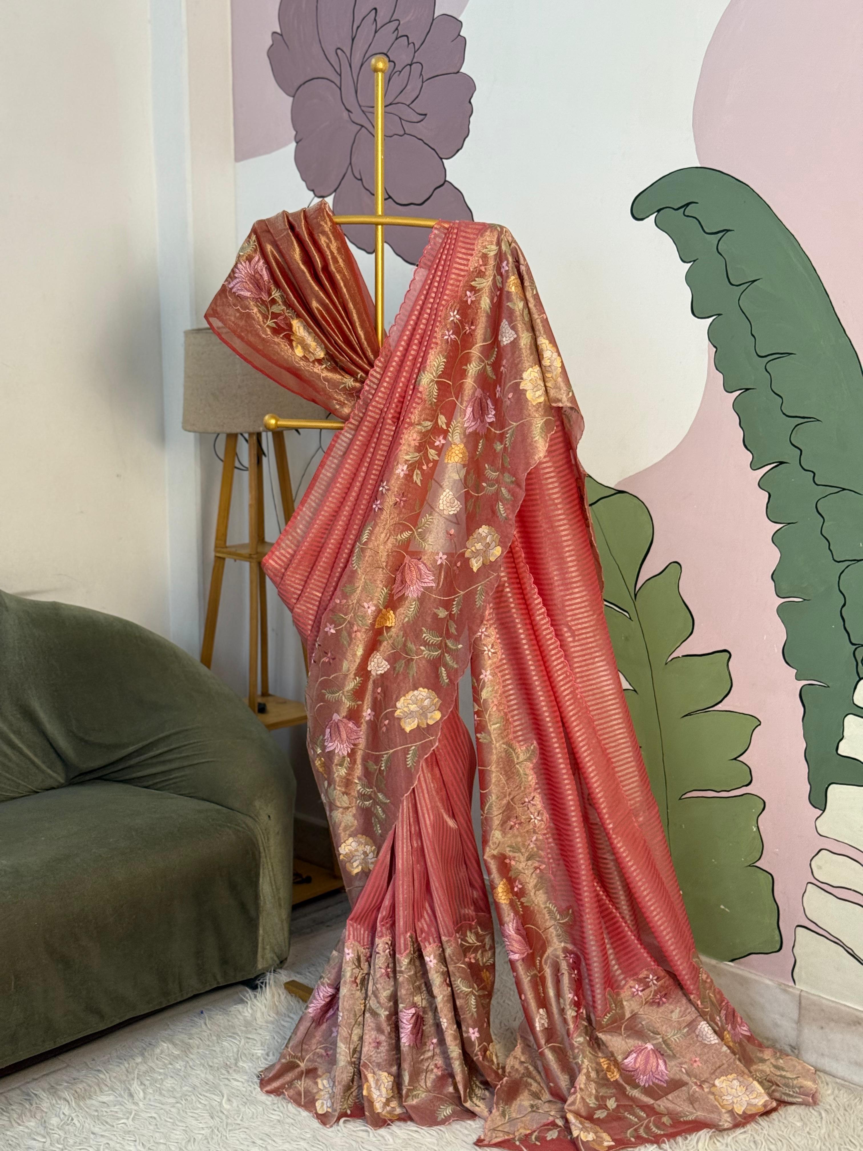 Tissue Cutwork Floral Border Saree- AC02