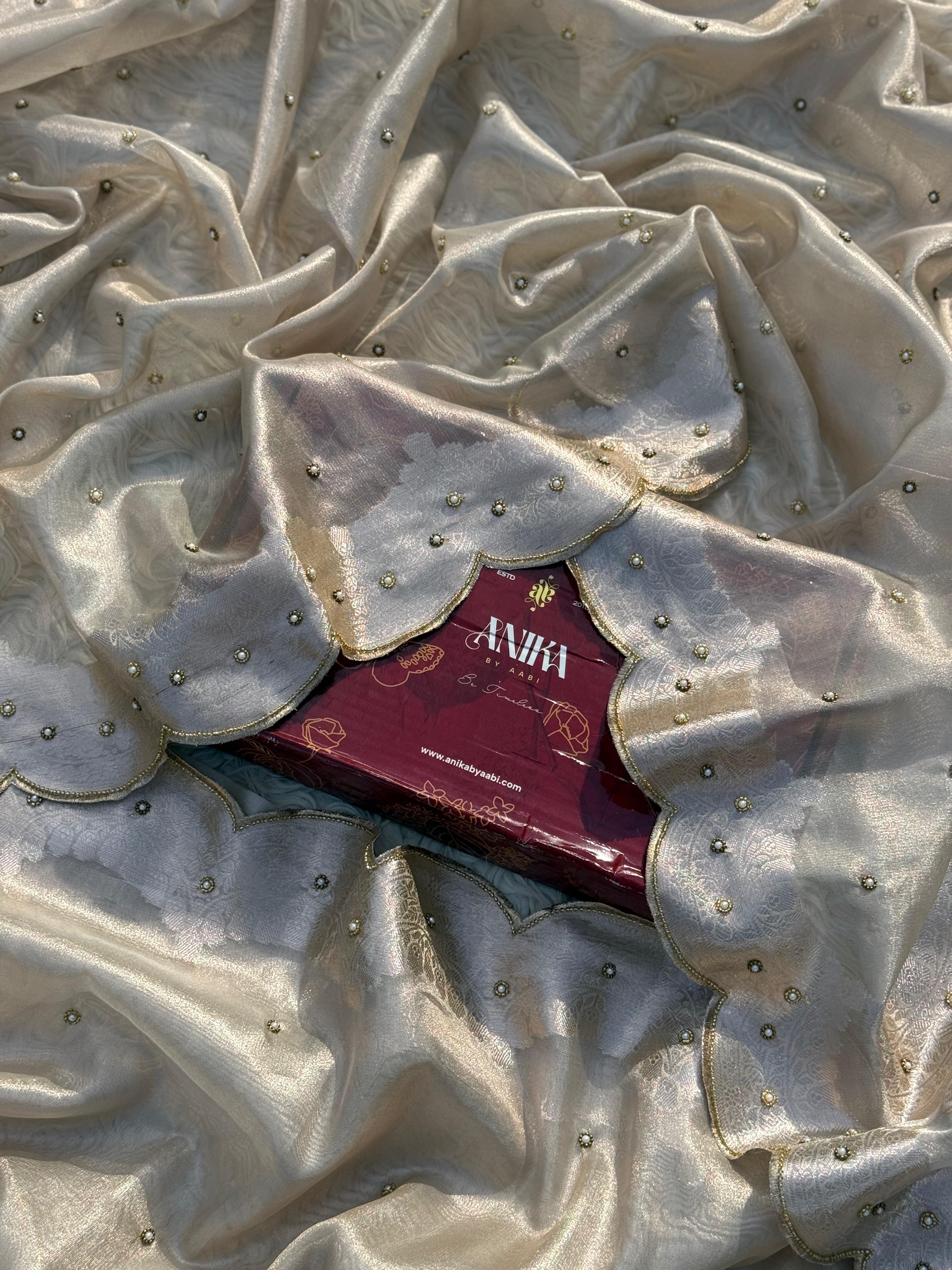 Anika's Hand work designer saree - Silver & champagne gold