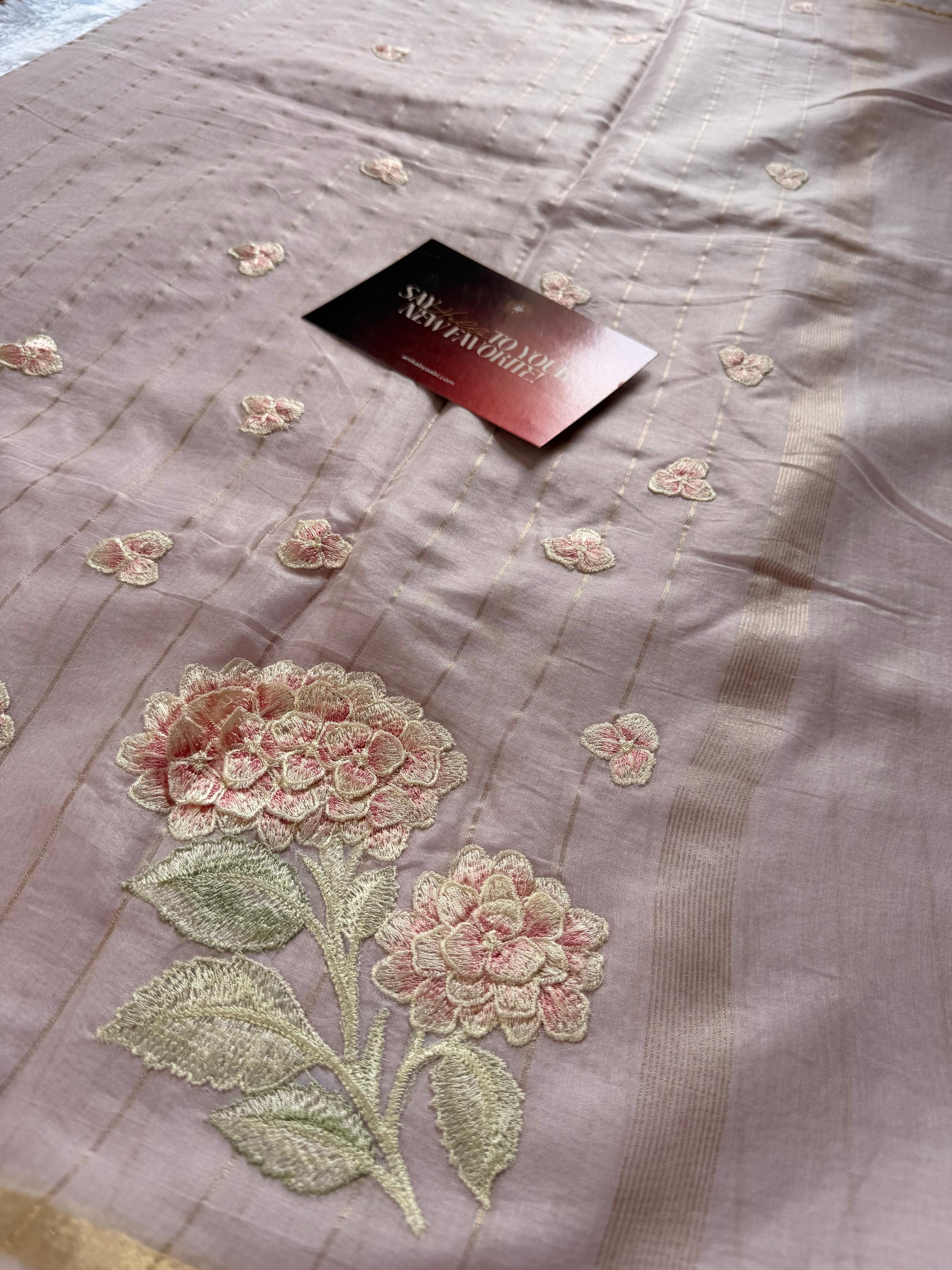 Pastel Pink Chanderi Linen Embroidered Saree – Bloom Edit AC02