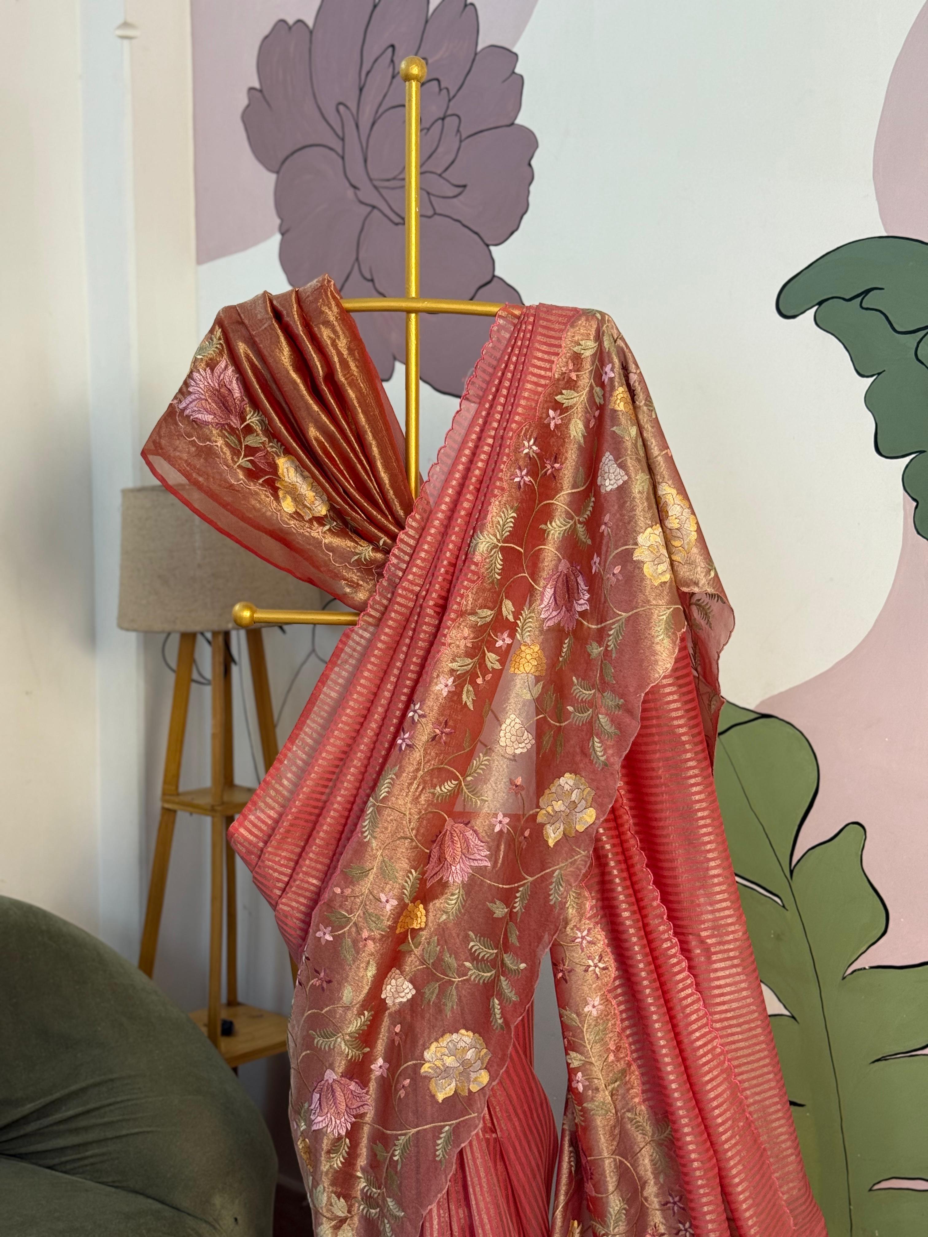 Tissue Cutwork Floral Border Saree- AC02