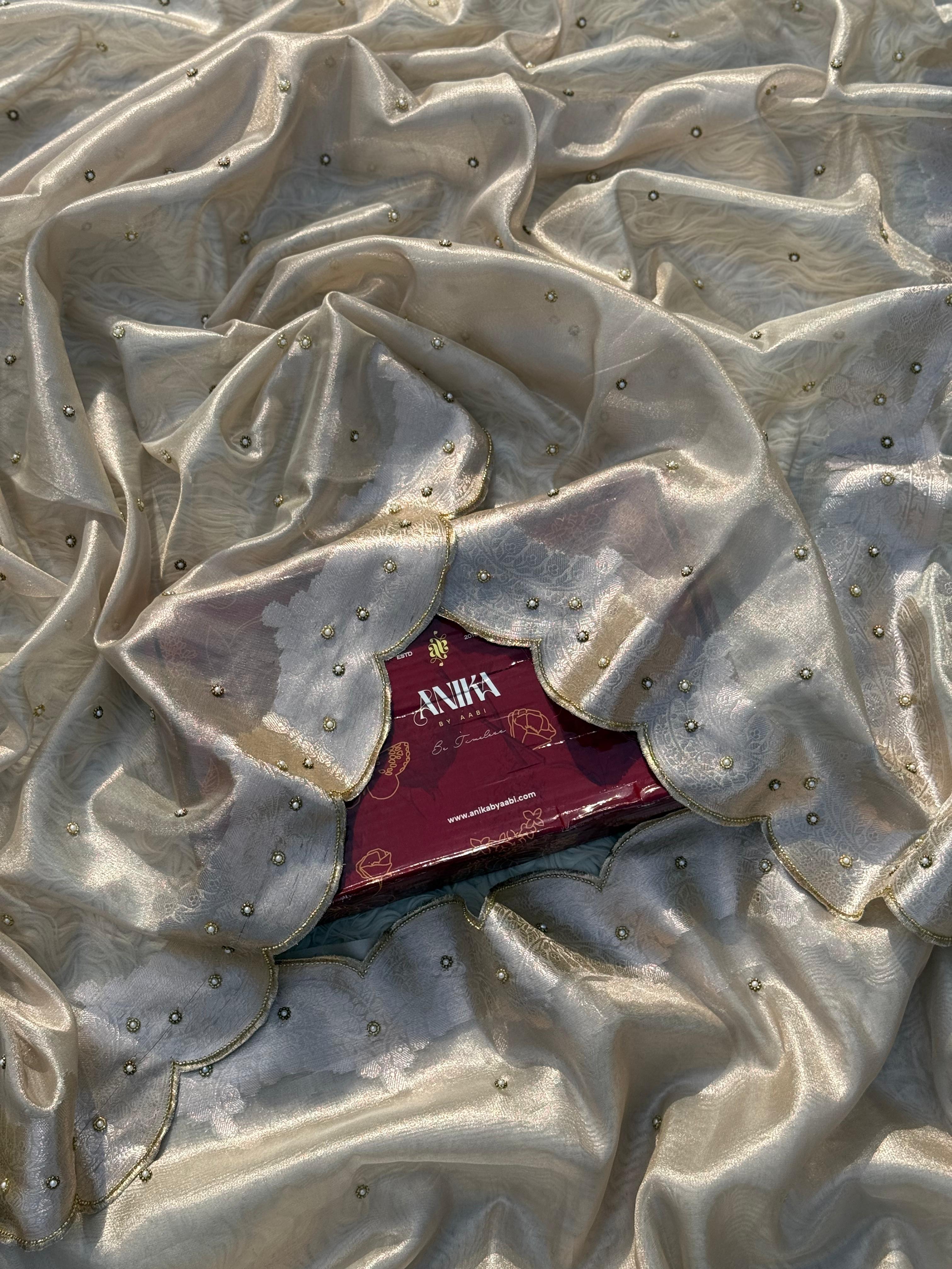 Anika's Hand work designer saree - Silver & champagne gold