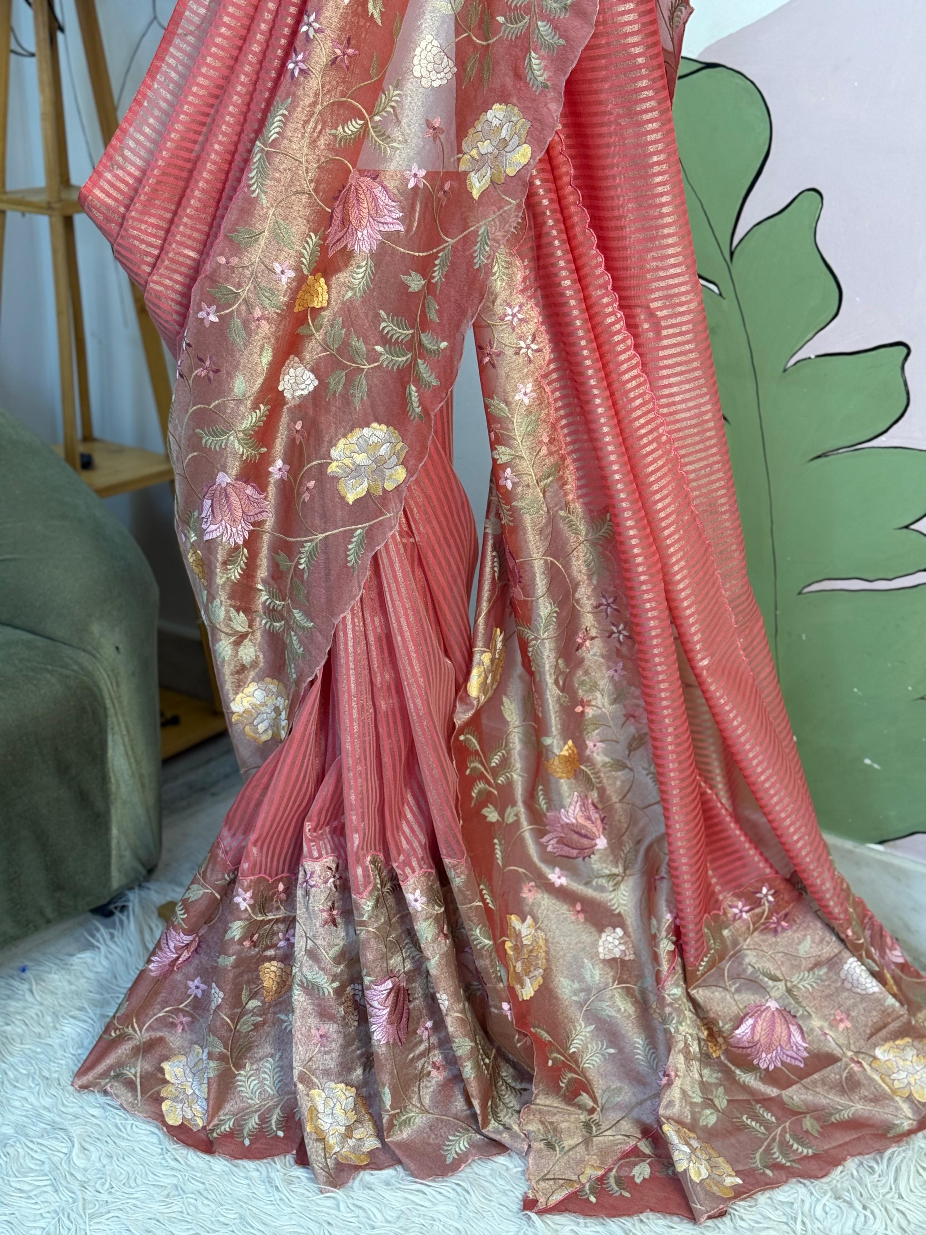 Tissue Cutwork Floral Border Saree- AC02