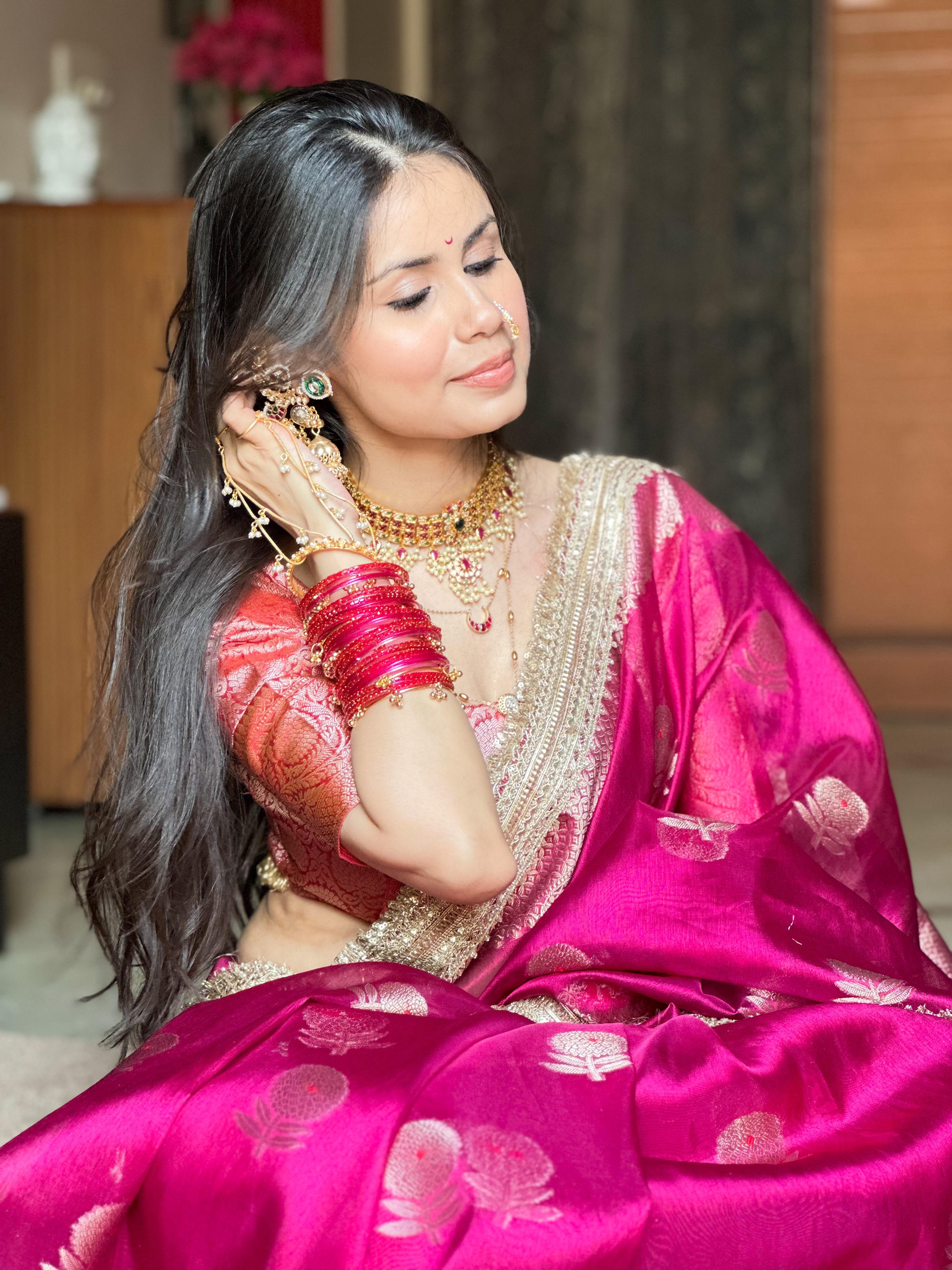Dark Pink Tissue Motif Lace Saree-TLM03