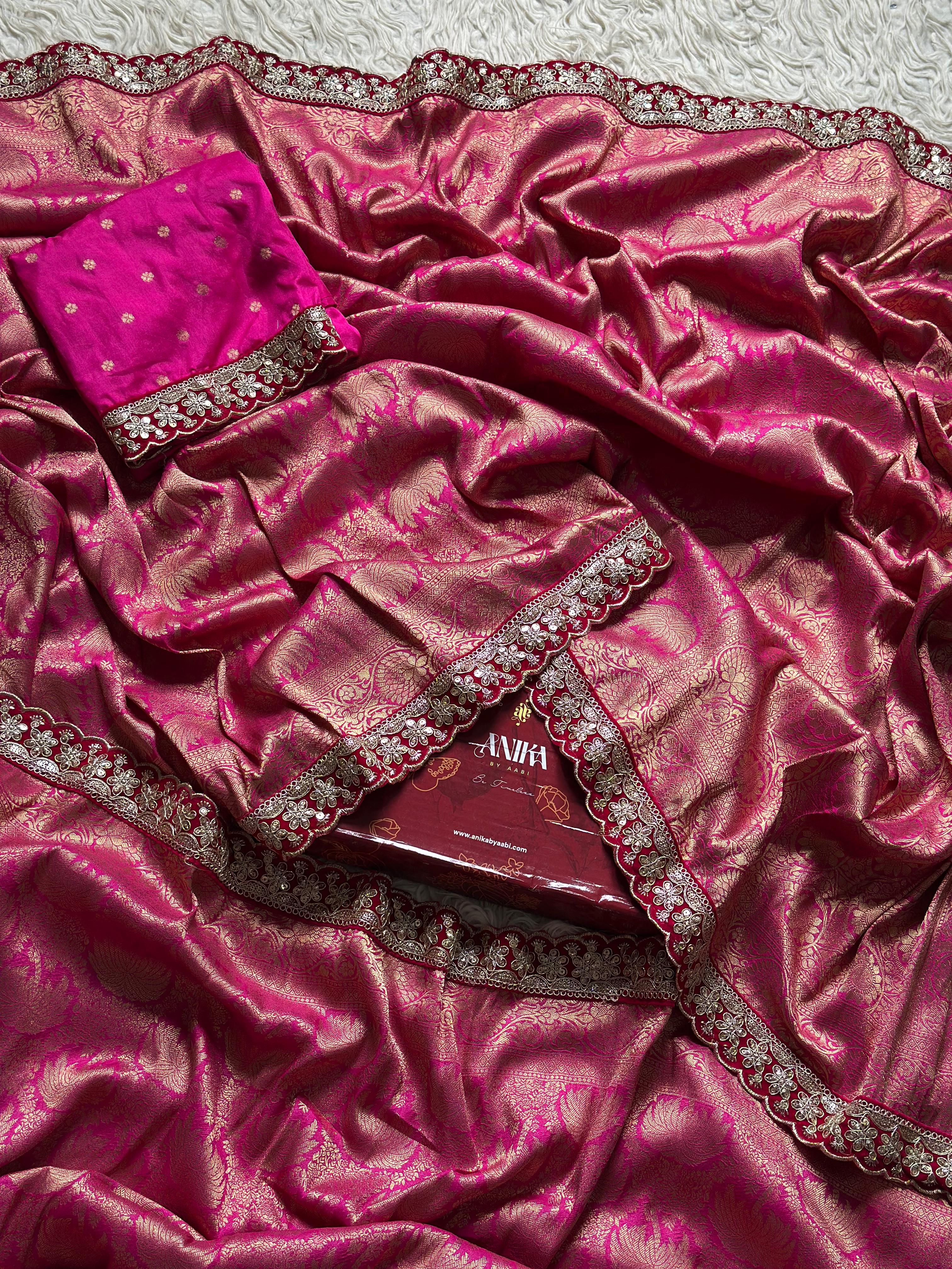 BANARASI BROCADE SILK SAREE WITH LACE - RANIPINK